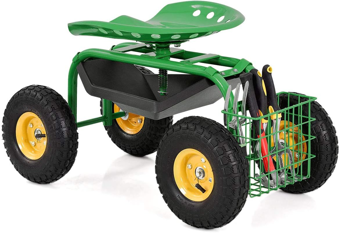 Costway Rolling Garden Cart Work Seat W/Wheels, Scooter W/360 Swivel Seat and Utility Tool Storage Basket, Heavy Duty Outdoor Work Cart W/Adjustable Height for Gardening Planting (Red)