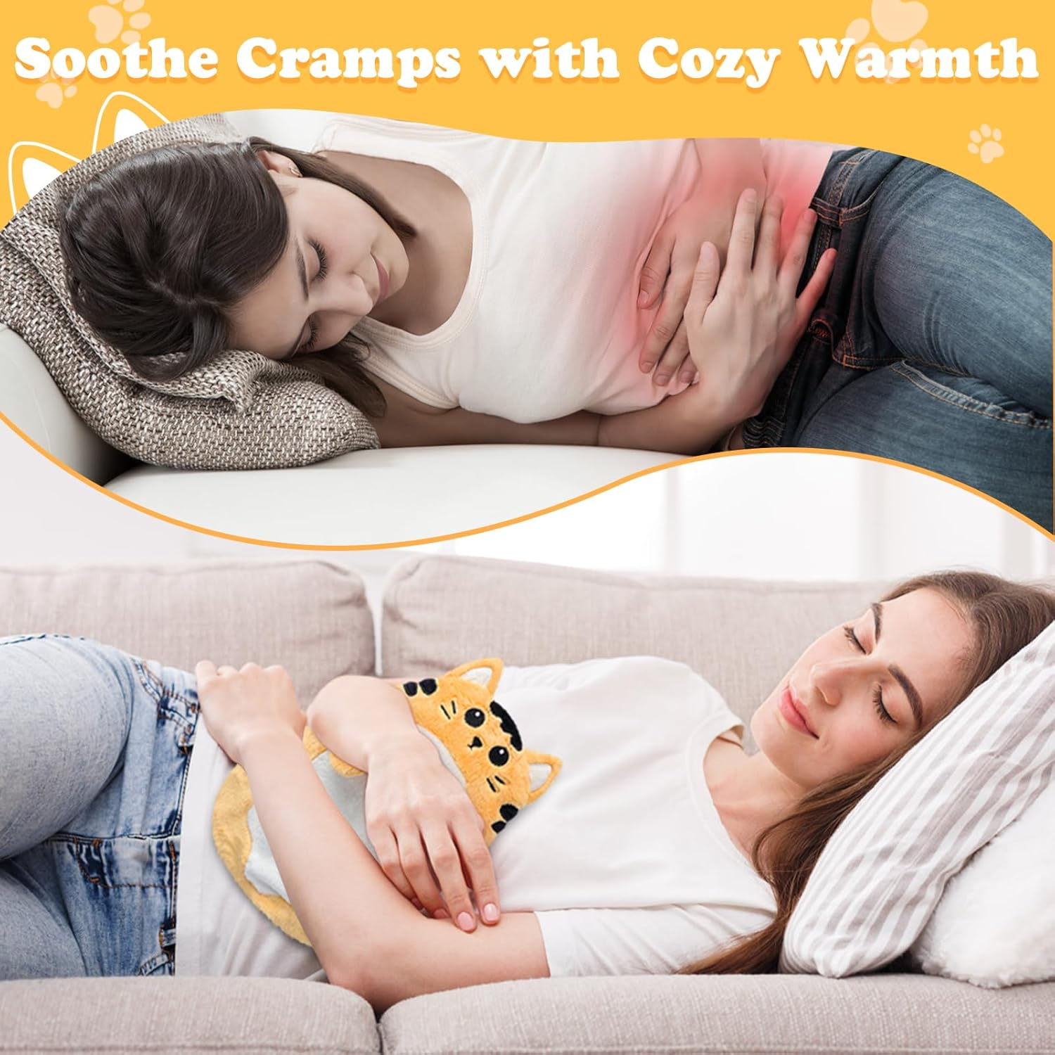 Suzzipad Microwave Heating Pads for Body Discomfort, Microwavable Stuffed Animal for Anxiety, Stress Relief Gifts for Women, Moist Heat Pack with Washable Cover, Cat (Yellow) image number 6