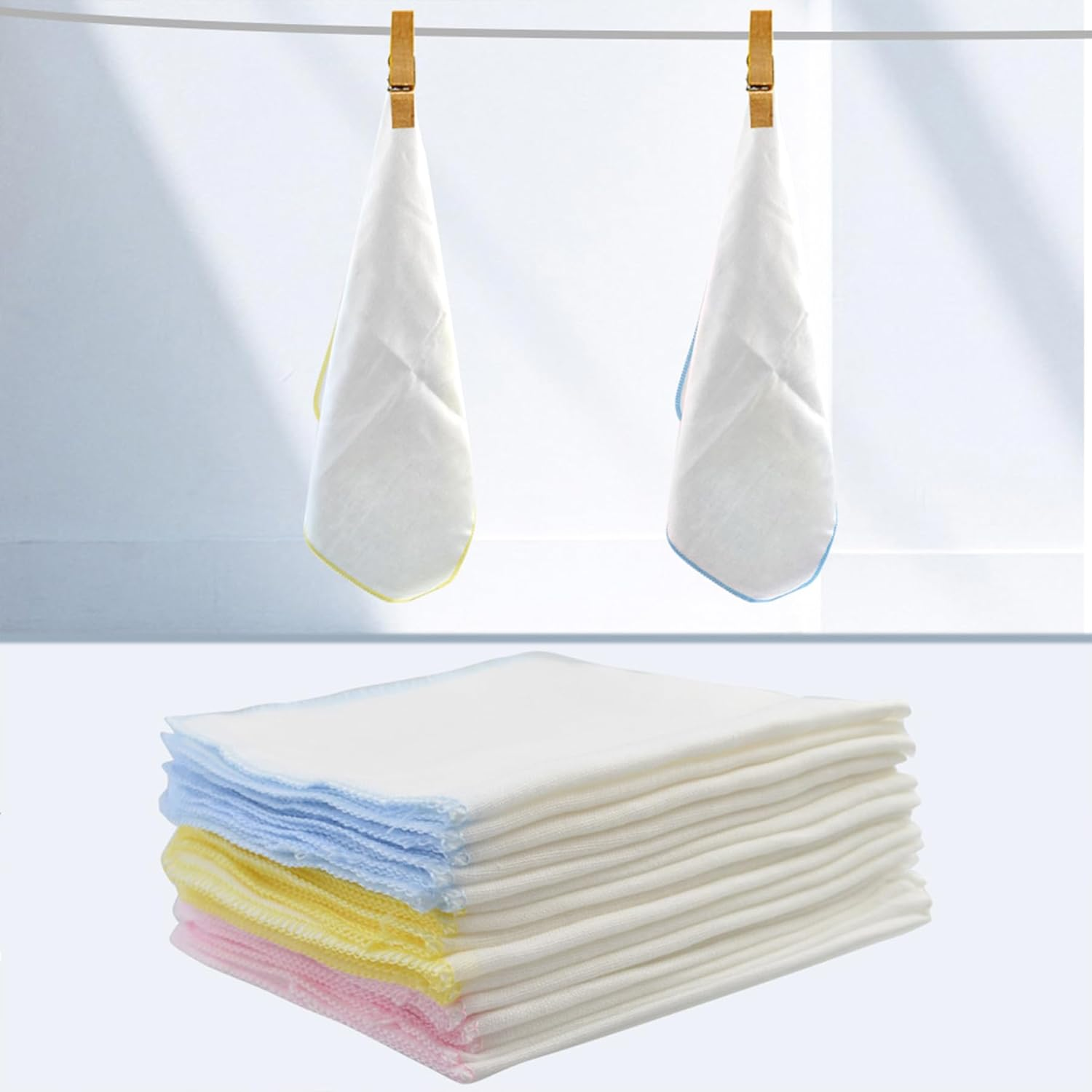 Gvhntk 15 Pcs Baby Washcloths 2 Layer Gauz Soft Baby Bib Wash Face Msulin Washcloths Cotton Burp Cloth Gauze Handkerchief Gentle for Newborns Infants Toddlers（Yellow Red Blue） (11.8 X 11.8 Inch) image number 3