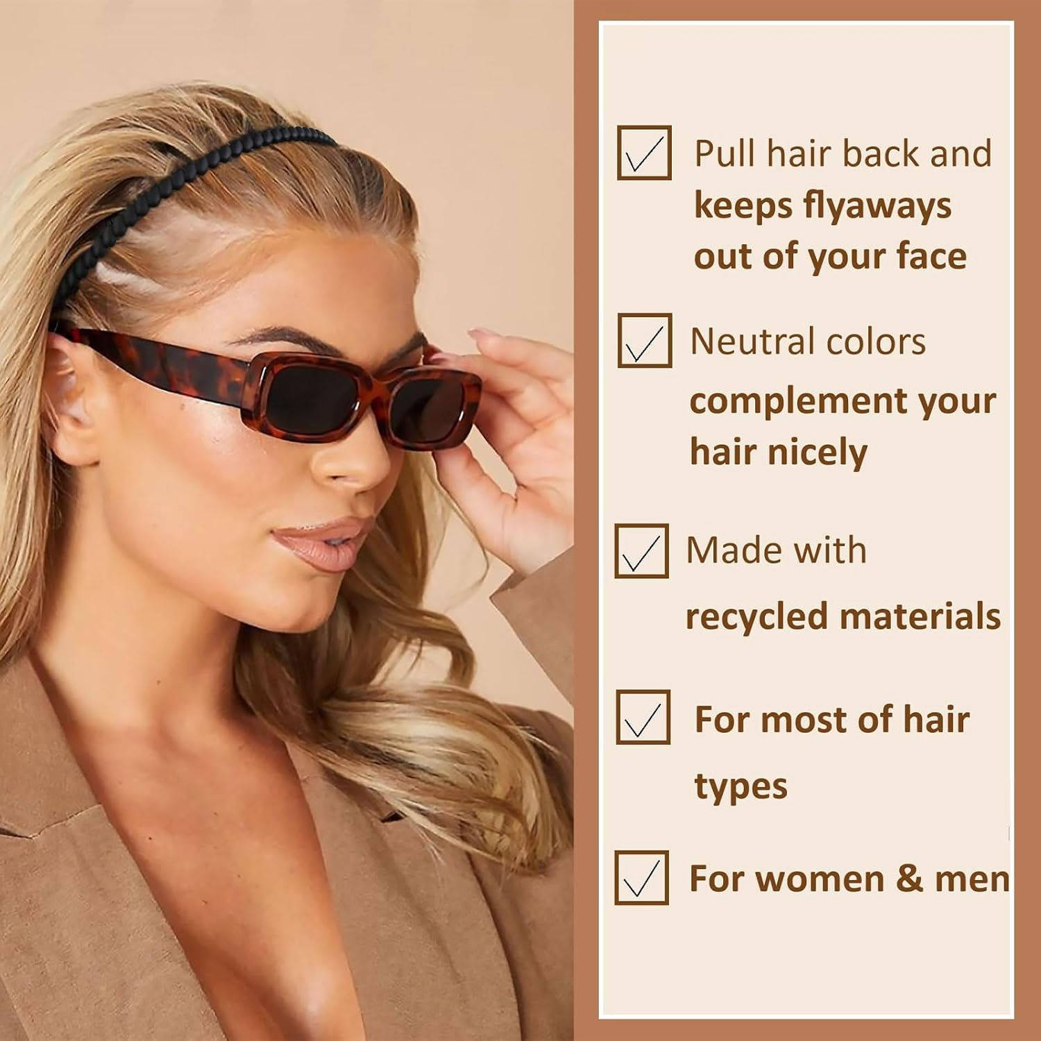 TELAIN Women'S Hairband with Teeth Comb, Black, Wavy Design, Fashion Hair Accessory for Women and Men image number 1