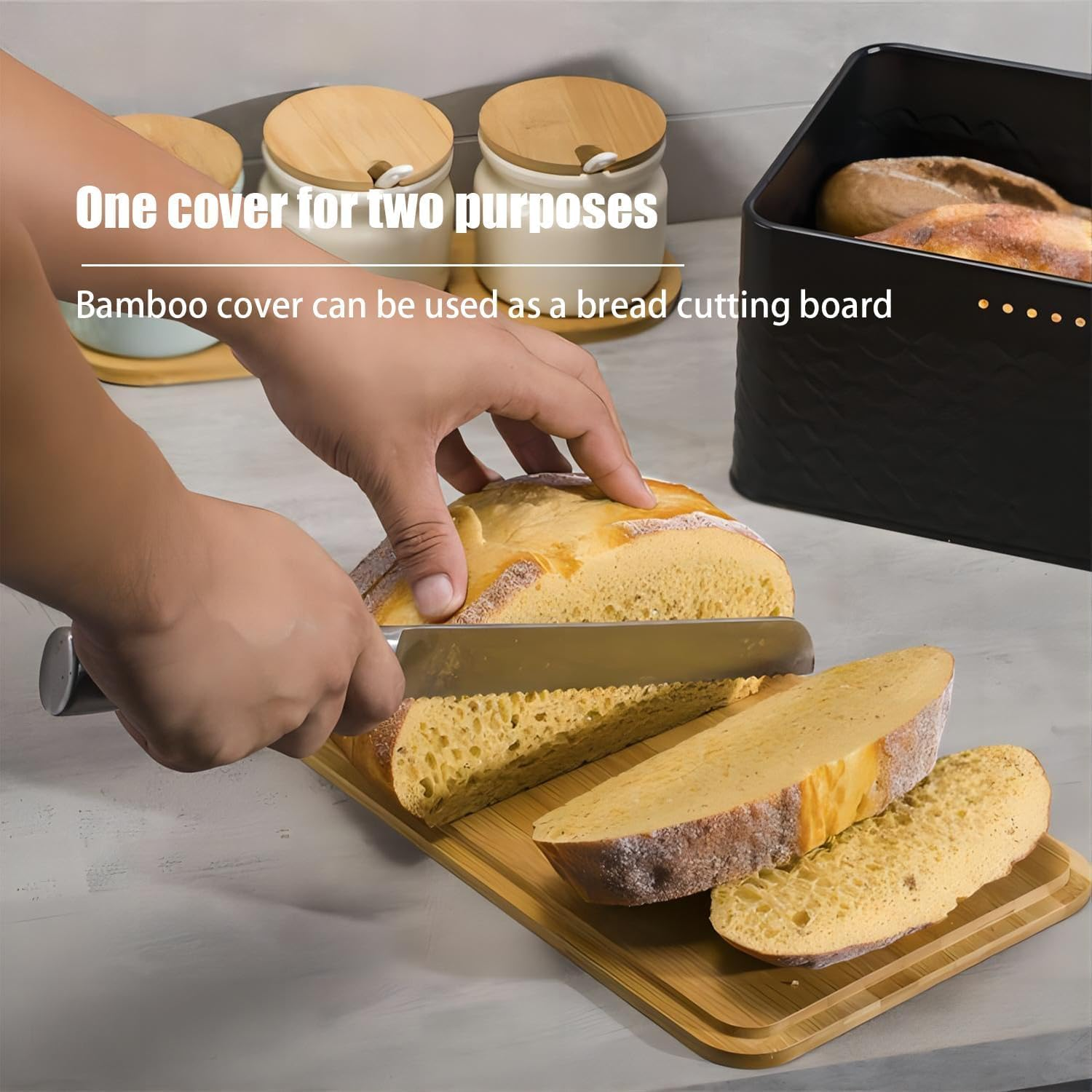 Bread Bin Box Container with Bamboo Lid, Black Bread Storage Box with Bamboo Chopping Board for Kitchen Countertop Storage Organiser (Black)