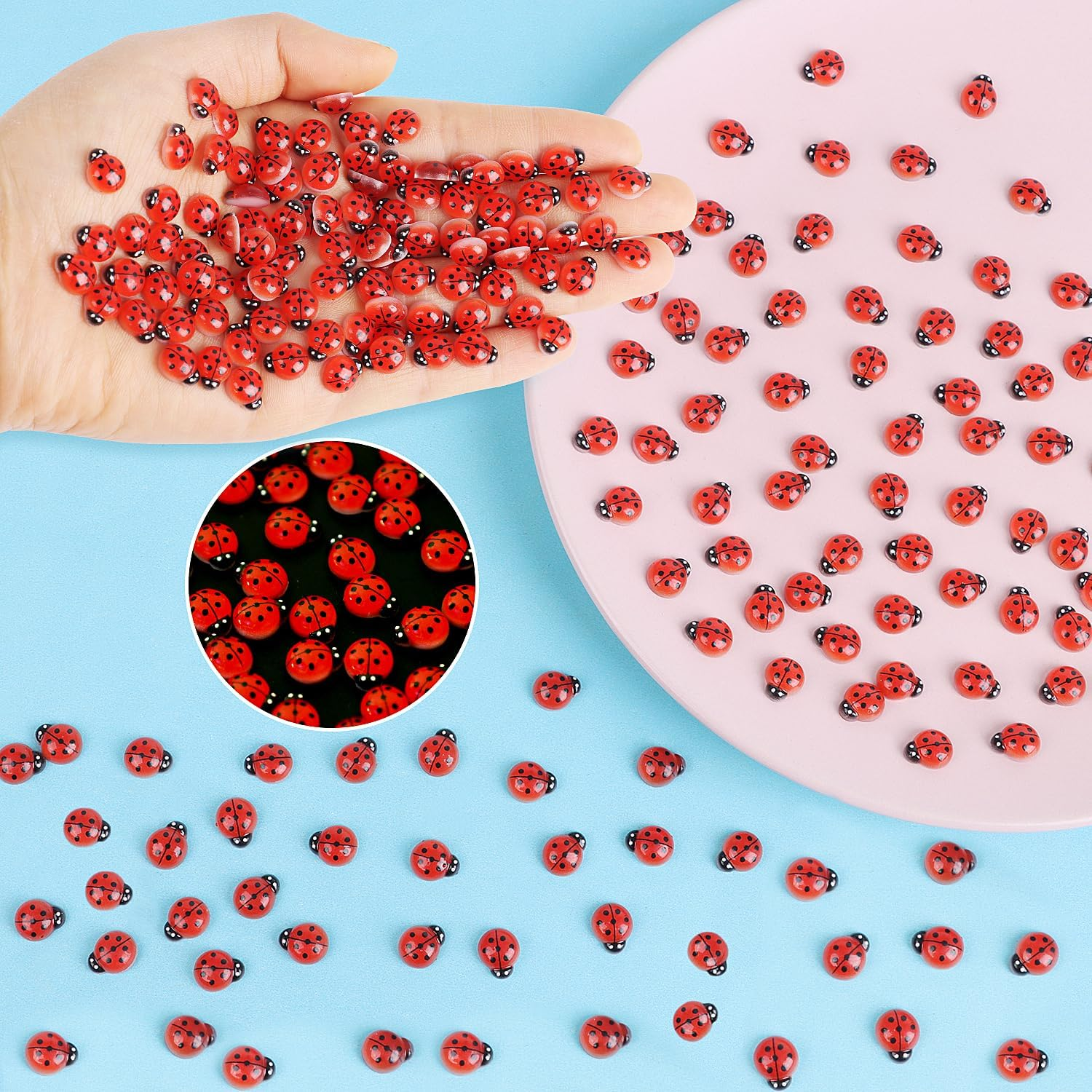 KIMOBER 100PCS Mini Luminous Ladybug Miniature Figurines,Glow in Dark Resin Animals Ladybug Figures for Fairy Garden Micro Landscape Decor Cake Topper image number 3