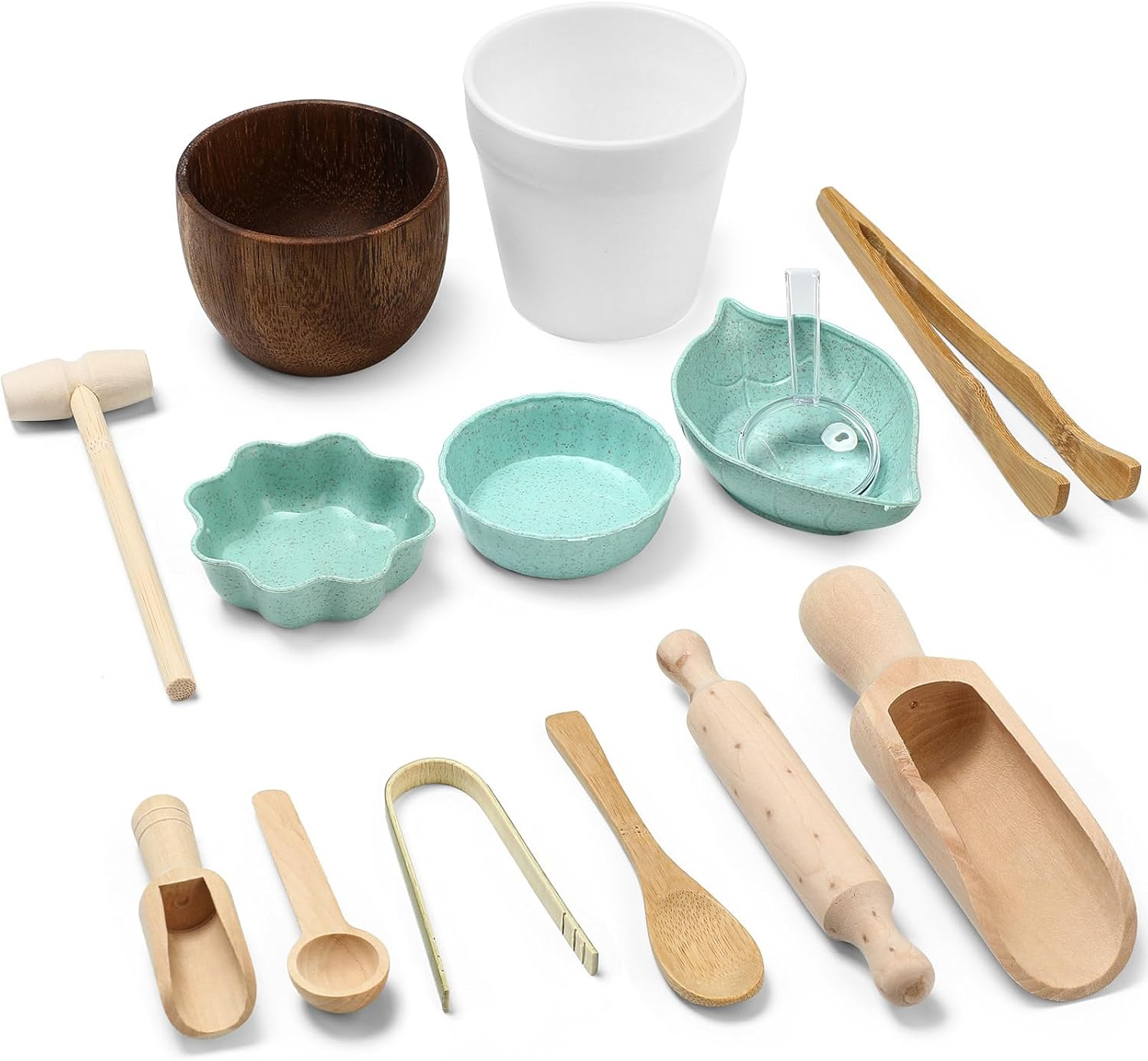Tiangrid 14Pcs Sensory Bin Tool Sensory Tools for Boys and Girls Sensory Bin Toys Wooden Tong Spoons Bowls Plate Hammer Magnifying Glass and Rolling Pin for Transfer Work and Fine Motor Learning image number 2