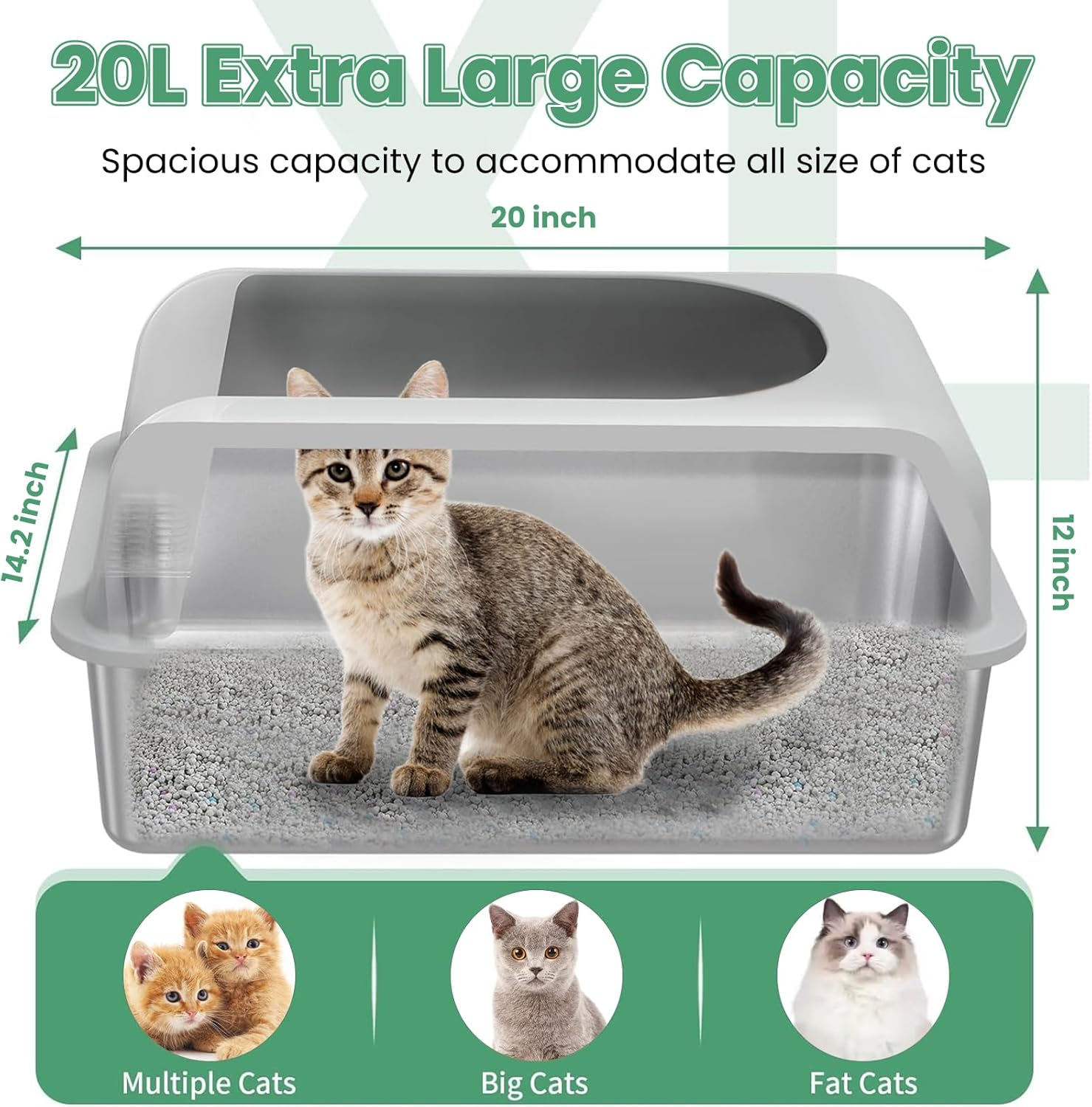 KELIOO Cat Litter Box, Extra Large Stainless Steel Litter Box with Cat Mat and Scoop, Metal Kitty Litter Boxes High Sided, Non-Sticky, Anti-Urine Leakage, Easy Cleaning image number 1