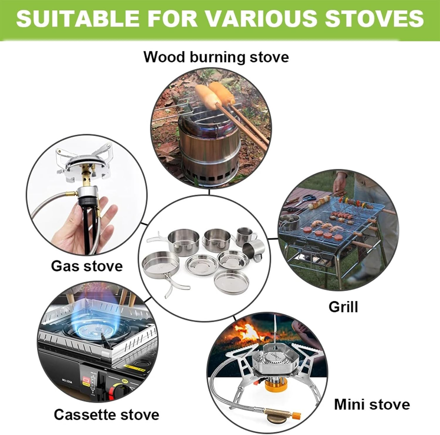 8Pcs Stainless Steel Camping Cookware Set, Camping Cooking Equipment, 2-3 People, Compact, Easy to Carry, Complete Set, Healthy & Safe image number 3