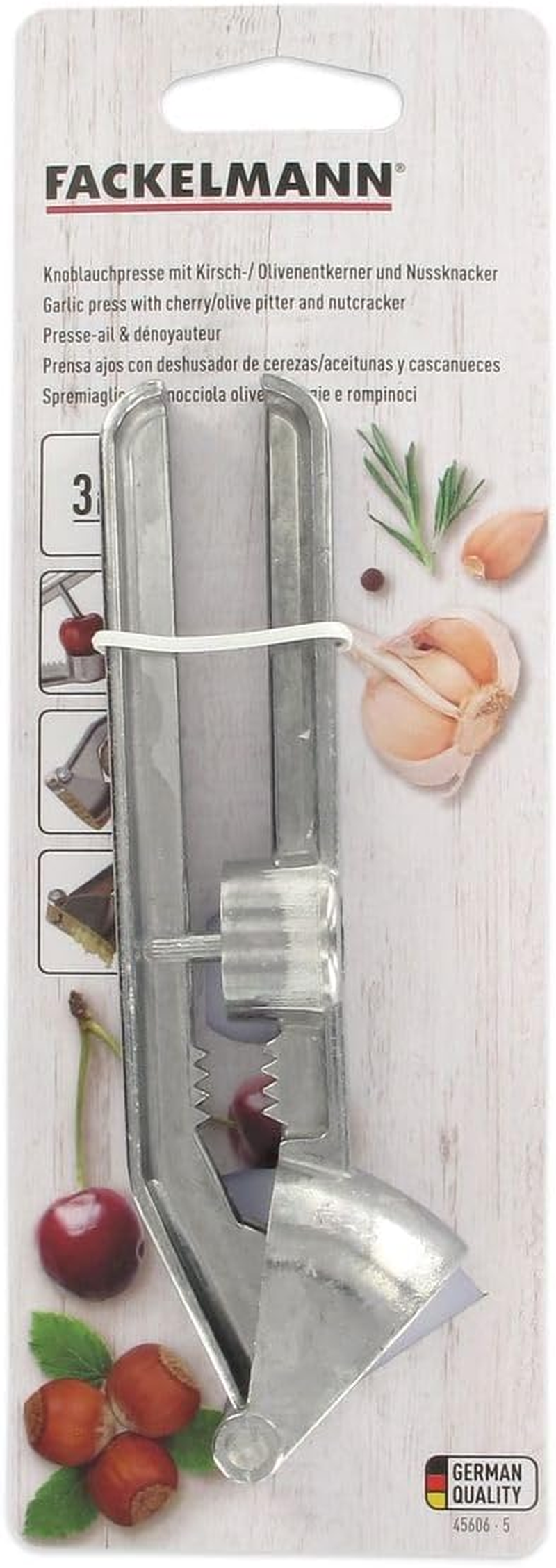 Fackelmann 45606 6.1" Aluminum Garlic Press with Olive Stoner, Silver