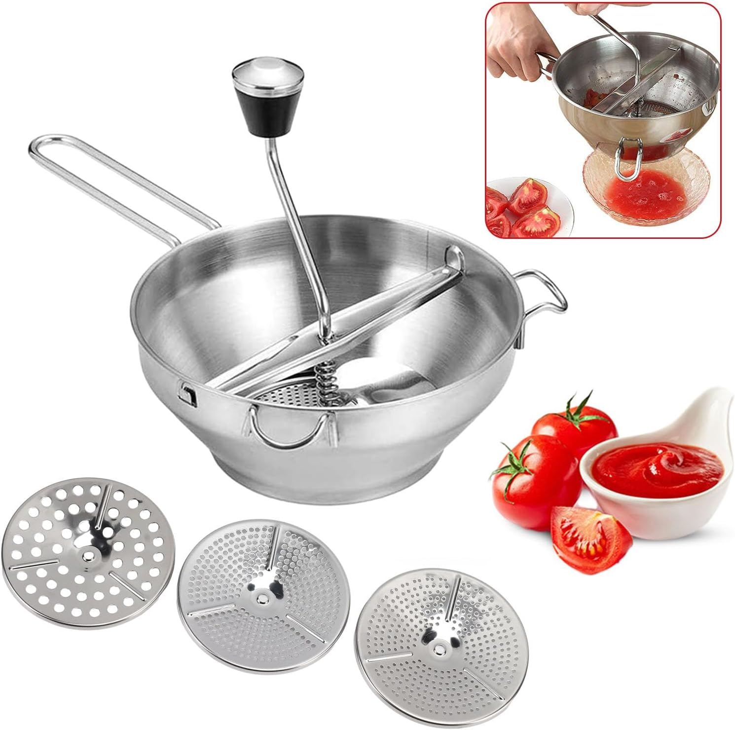 Food Mill Stainless Steel, Food Mill with 3 Discs, Handle Baby Food Grinder Hand Crank, the Rotary Food Mill for Tomato Sauce, Potatoes, Baby Food or Canned Goods image number 1