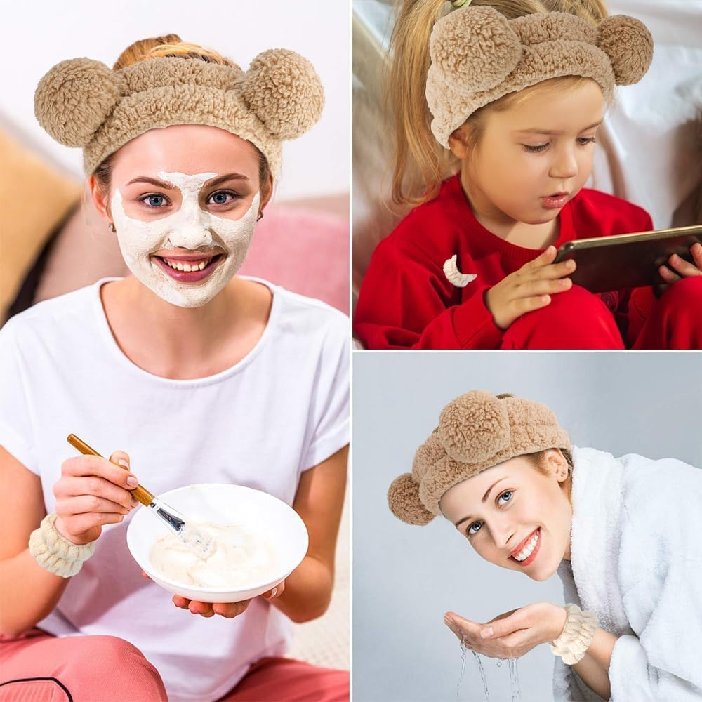 Ceeyoll Pack of 3 Spa Face Headband, Make up Hair Band, Elastic Make up Hair Band, Soft Make up Headband, Suitable for Facial Cleansing, Bathing and Cosmetics (Brown Colour, Bear Ears) image number 5