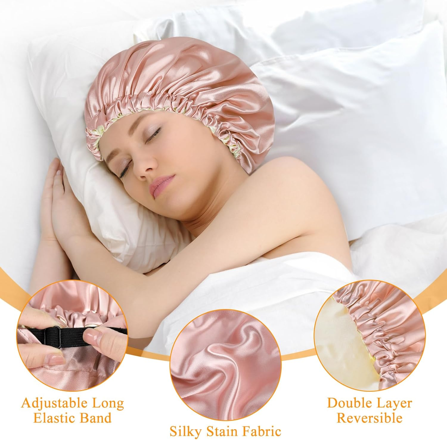 Large Satin Bonnet Silk Bonnet for Sleeping Women Men, Hair Bonnet Double Layer Reversible with Elastic Tie Band Adjustable Night Sleep Cap Wrap for Curly Hair image number 2