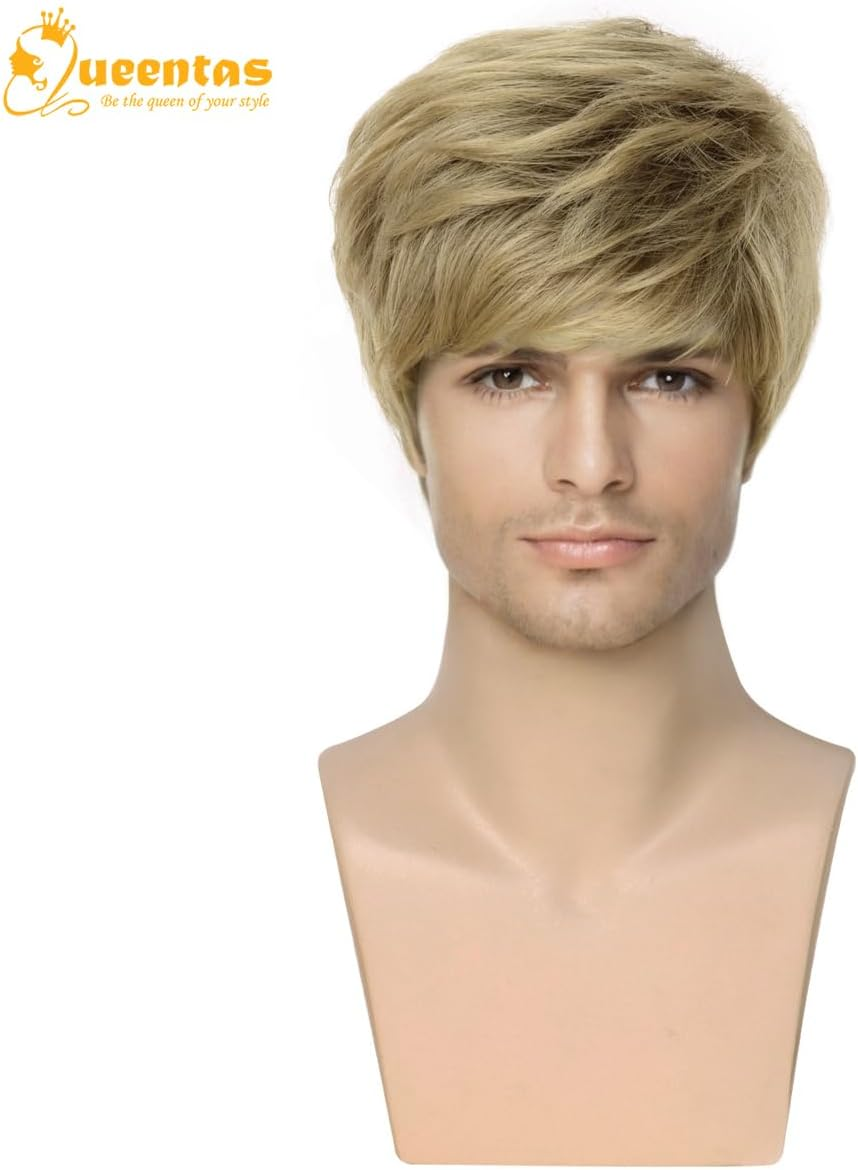 QUEENTAS Men Wig Short Blonde Brown Wigs for Men Natural Cosplay Synthetic Hair Wig image number 6