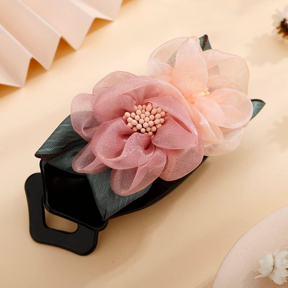 Jumwrit Double Flower Hair Clip Vintage Duckbill Barrette French Concord Hair Clip Strong Hold Grip Clip Curved Hair Claw No Slip Ponytail Hair Clip Decorative Hair Accessories for Women Girls(Style2) image number 2