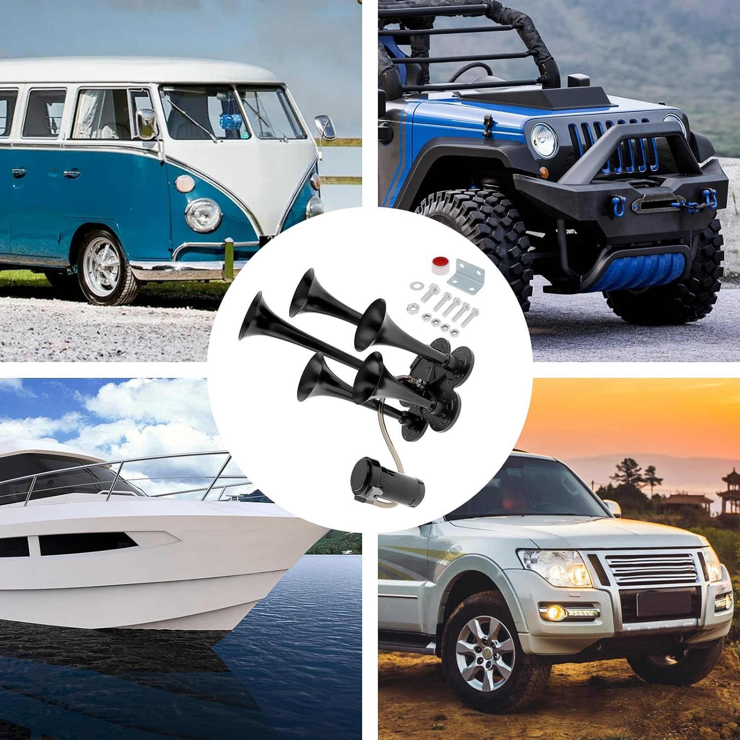 Train Horns Kit, 4 Trumpet Air Horn Kit, 12V 185Db Super Loud Train Horns for Pickup Trucks, Four Trumpet Air Horn with Compressor for Vehicle Cars Trucks Pickup Trains Lorrys Boats image number 5