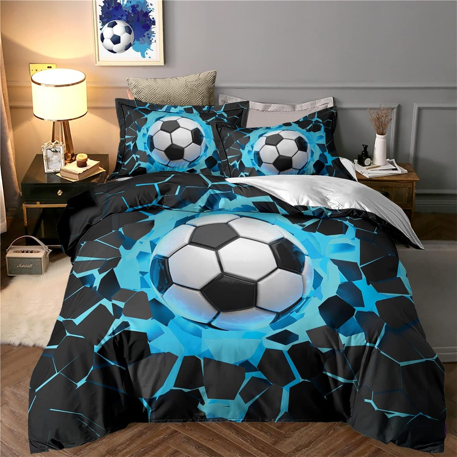 Tabeskly Kids Boys Black White Blue Football Soft Zipper Bed Bedding Duvet Cover Set Single 135&times;200Cm