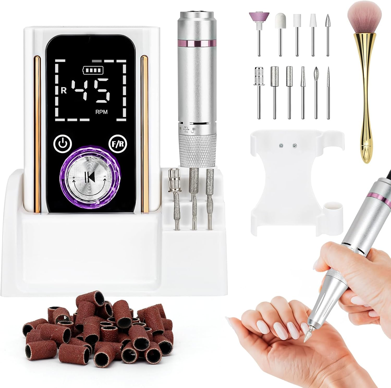 Nail Drill Portable Electric Nail File 45000RPM Rechargeable Nail Drill Professional with Bits & Base for Acrylic Gel Nails E File Machine Manicure Polishing for Salon Home image number 6