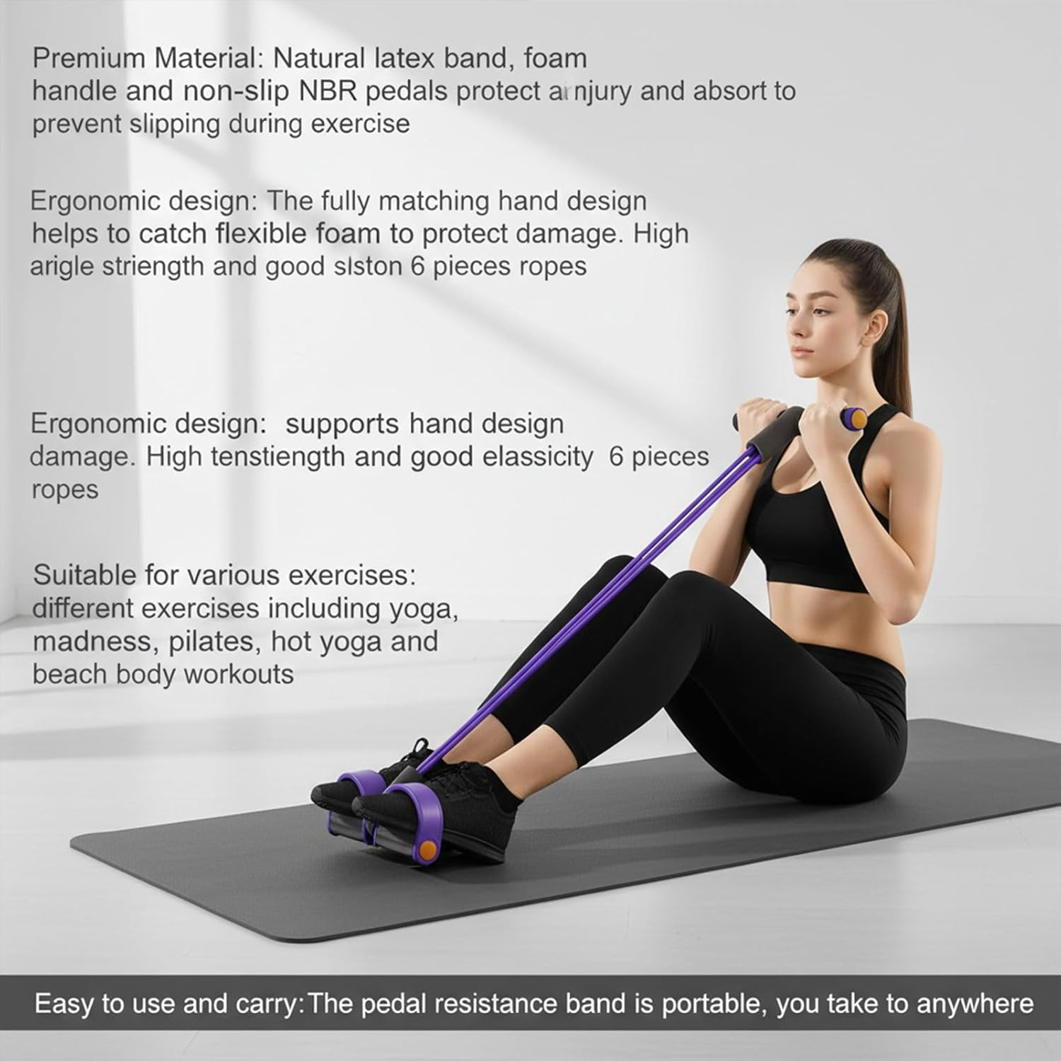 6 Tube Pedal Resistance Band Multifunctional Tension Rope Exercise Bands with Foam Handles Foot Pedal Pull Rope Fitness Equipment for Home Gym Yoga Training Fengea