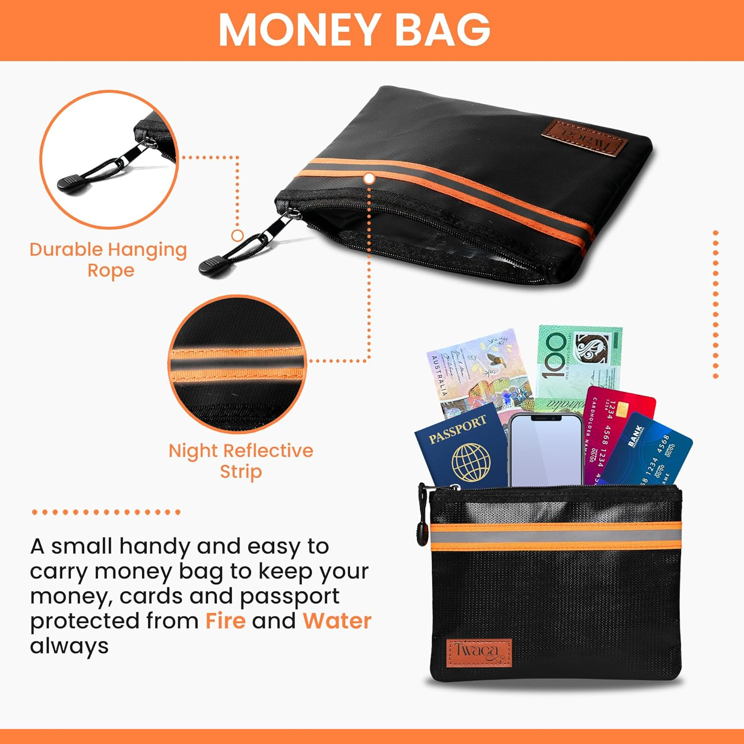 100% Aussie Owned - Twaca- Fireproof Document Bag and Money Bag Combo, Fire Protection for Legal Documents Jewelry, Firesafe Envelope for Money, Passport and Cards image number 1