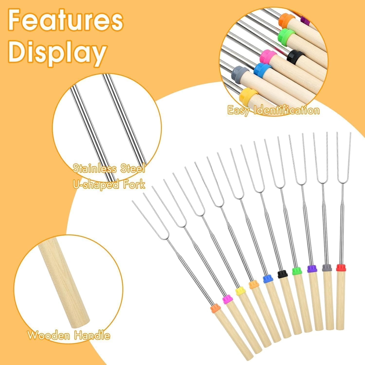 7 Pack Marshmallow Roasting Sticks Set, 5 Pcs Extendable 32In Long Metal Barbecue Skewers with Bag & Brush, Smores Kit for Marshmallow, Hot Dog Fork Campfire Travel Cooking Equipment Essentials image number 5