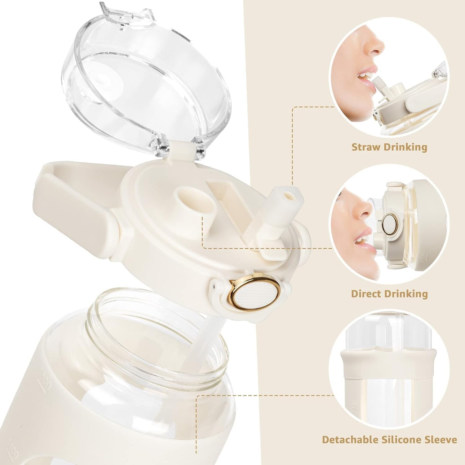 PKBD 1800Milliliter Glass Water Bottle with Silicone Sleeve, Half Gallon Water Bottle with 2 in 1 Lid and Straw, 2L Large Glass Water Jug for Sports Gym Workout White image number 3