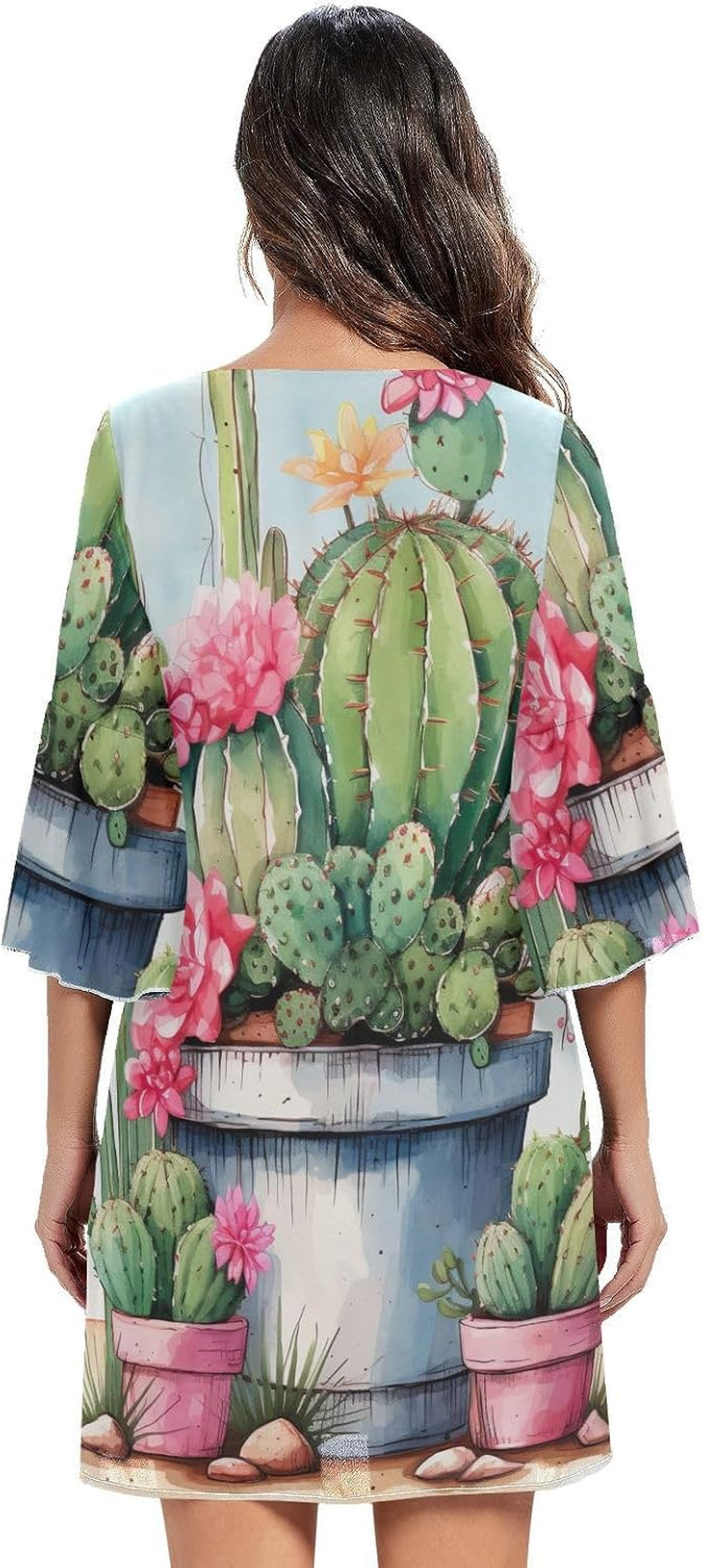 Cactus Flowers Chiffon V Neck Dress Printed Line Maternity Dress S-XXL image number 5