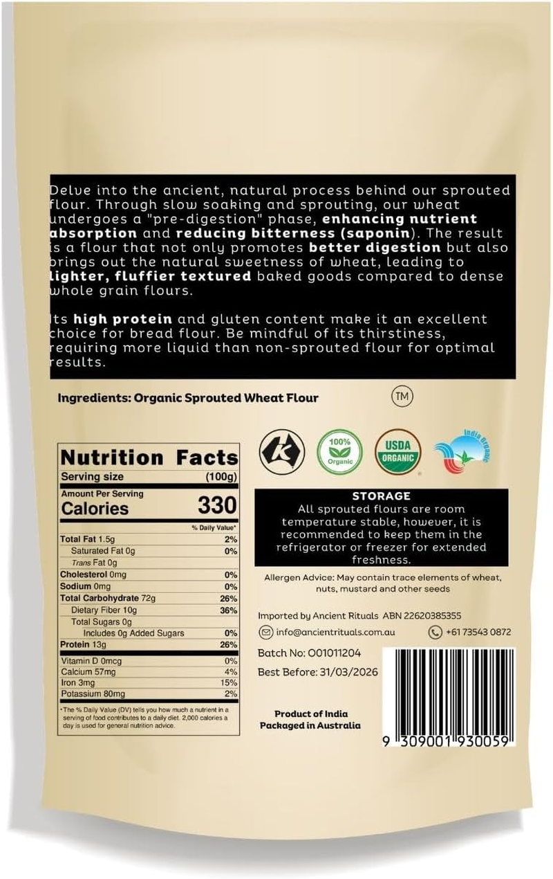 Ancient Rituals Organic Sprouted Wheat Flour, 500G, Cold Milled, Certified Organic, Plant Based, Vegan, Health Food