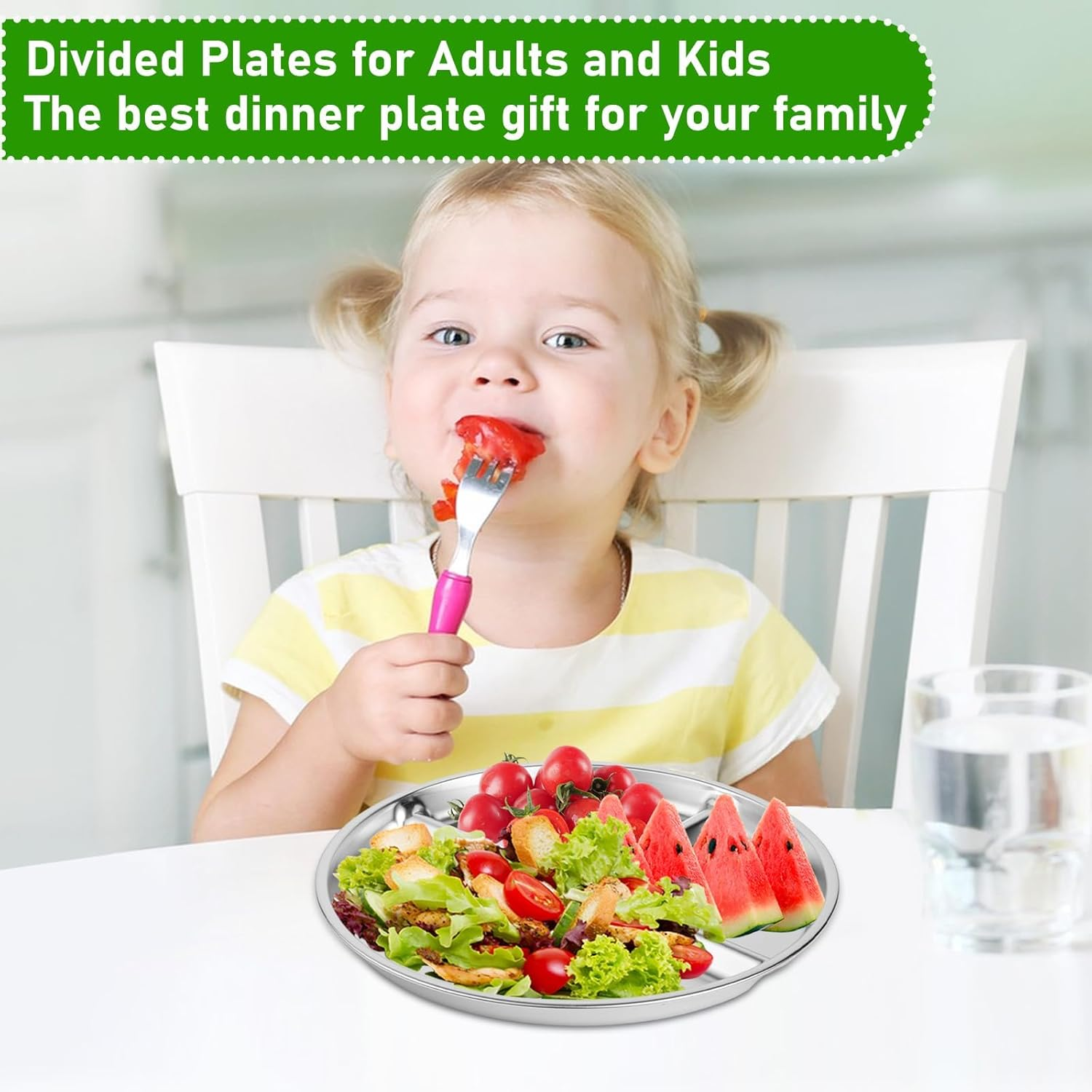 Tehalk Set of 4 Stainless Steel Kids Plates, Portion Control Platter with 3-Compartment, Unbreakable Dinner Plates, Divided Food Tray Stainless Steel Plate for Adults Kids, Camping, Lunch and Dinner image number 6