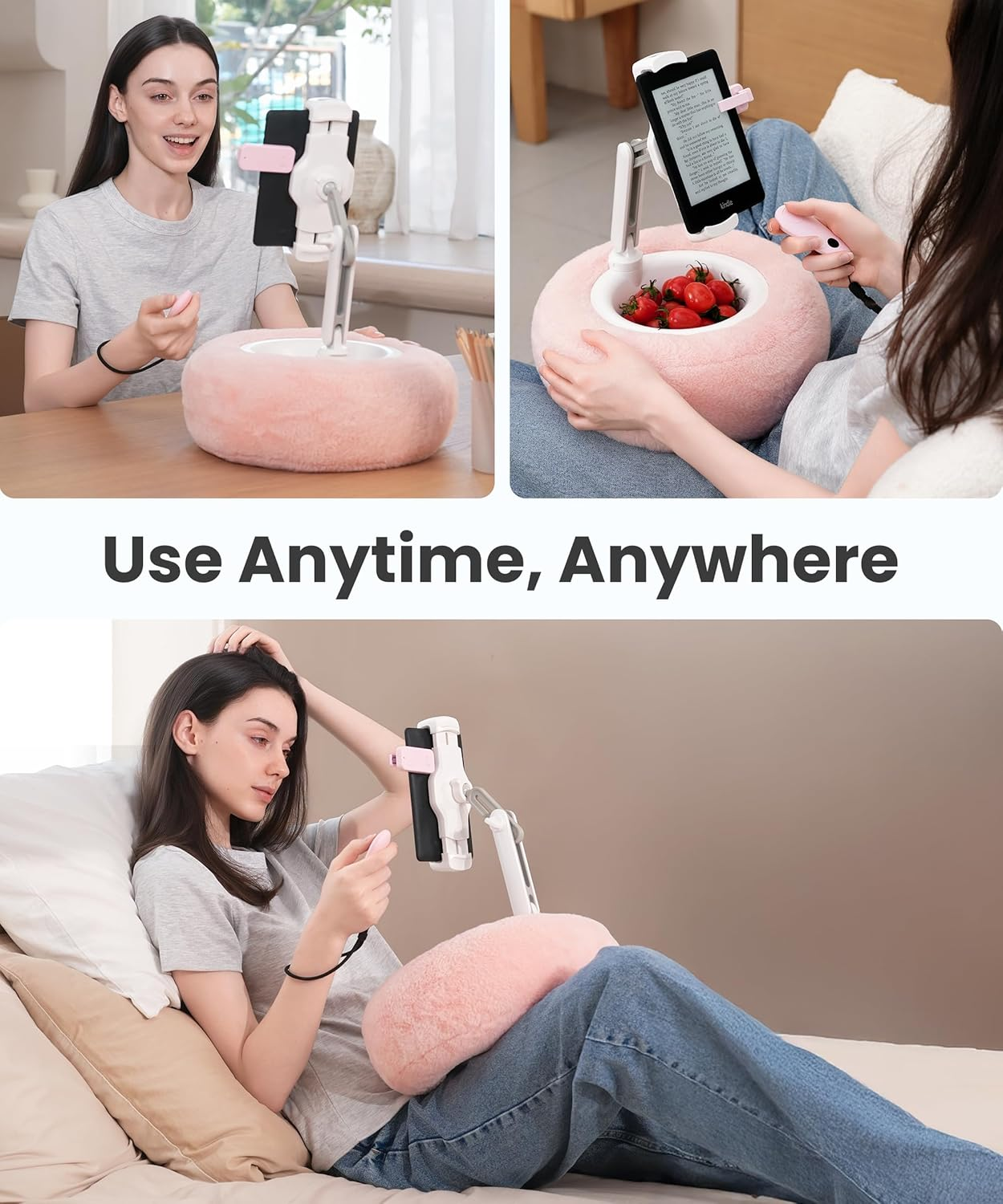 Tablet Pillow Stand with Kindle Page Turner for Reading in Bed, 360&deg;Adjustable Ipad Holder with Snack Bowl, Compatible with 4.7''-13''Kindle Accessories/Paperwhite/Ipad/Iphone/Samsung, Pink image number 4