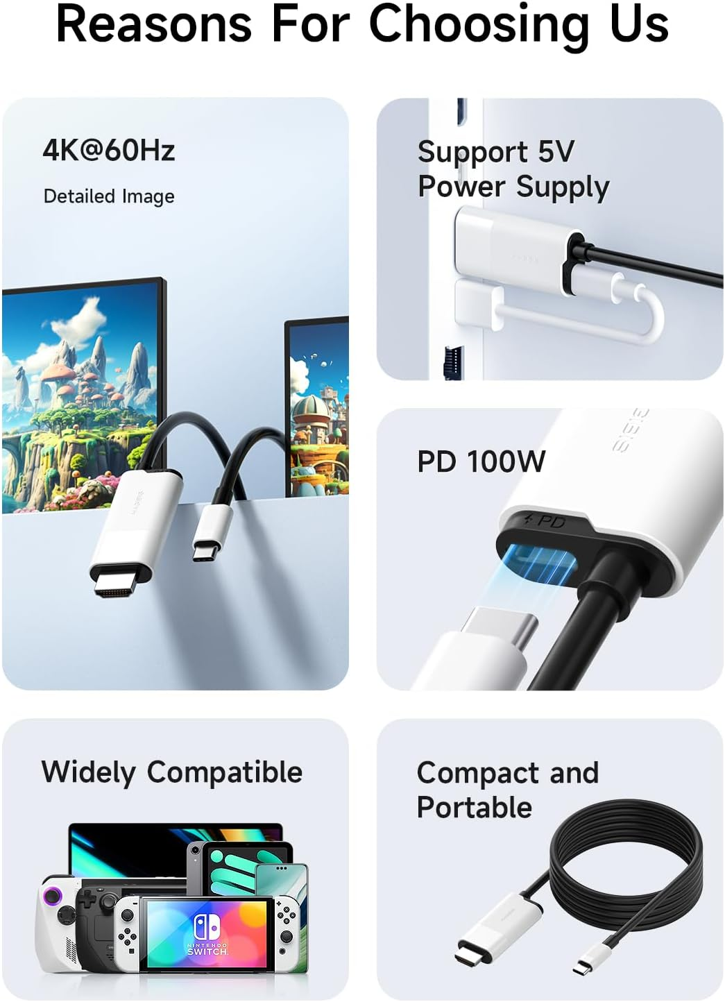 Hagibis Switch Dock for Nintendo Switch OLED, USB C to HDMI Cable Adapter with 4K@60Hz HDMI, 100W Power Delivery, Type-C to HDMI Adapter for Laptop, Tablet, Steamdeck, ROG Ally (White 60Hz) image number 2