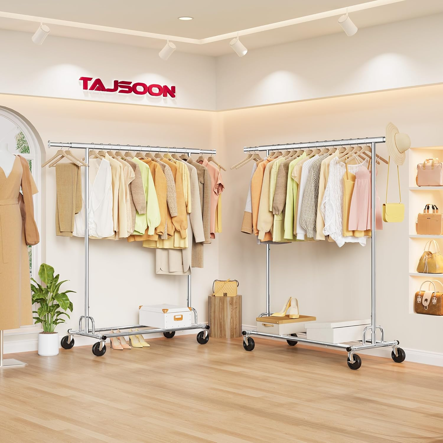 Tajsoon Clothing Rack Heavy Duty Clothes Rack Load 350 LBS, Rolling Clothes Racks for Hanging Clothes with Wheels & Extendable Rod, Collapsible Garment Rack with Bottom Shelf, Commercial, Chrome image number 3