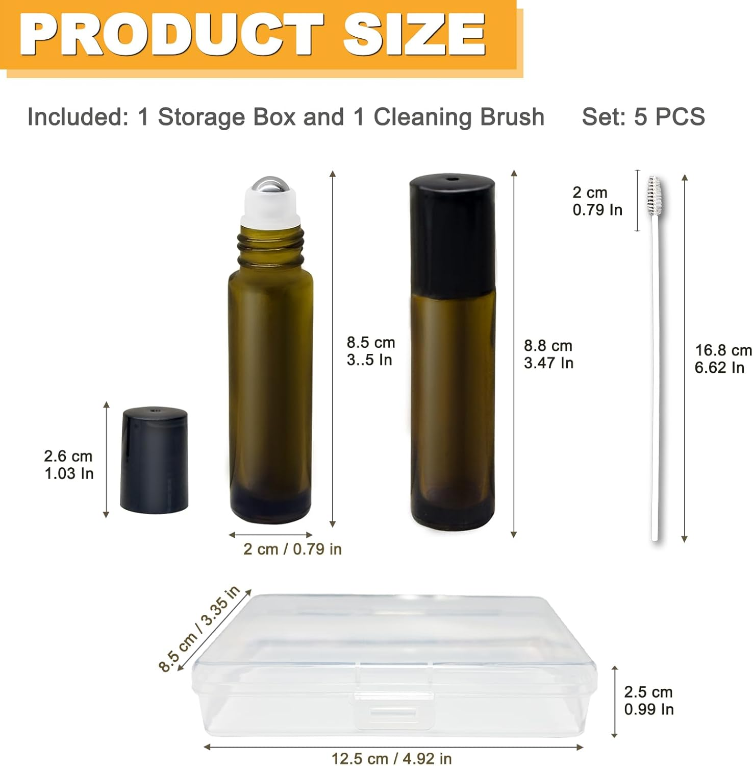 ZOHEA 5 PCS Roller Bottles 10Ml, Amber Glass Roller Ball Bottle with Stainless Steel Ball, Thick Refillable Containers for Essential Oil/Perfume/Lip Gloss/Aromatherapy/Facial Body Care image number 3