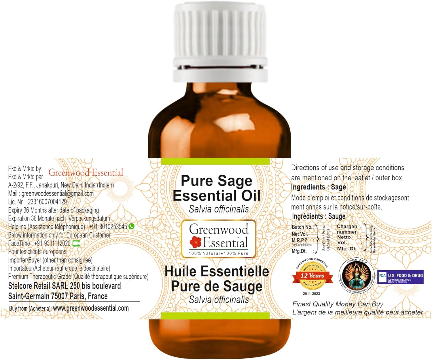 Greenwood Essential Pure Sage Essential Oil (Salvia Officinalis) Steam Distilled for Personal Care (Pack of Three) 100Ml X 3 (10Oz)