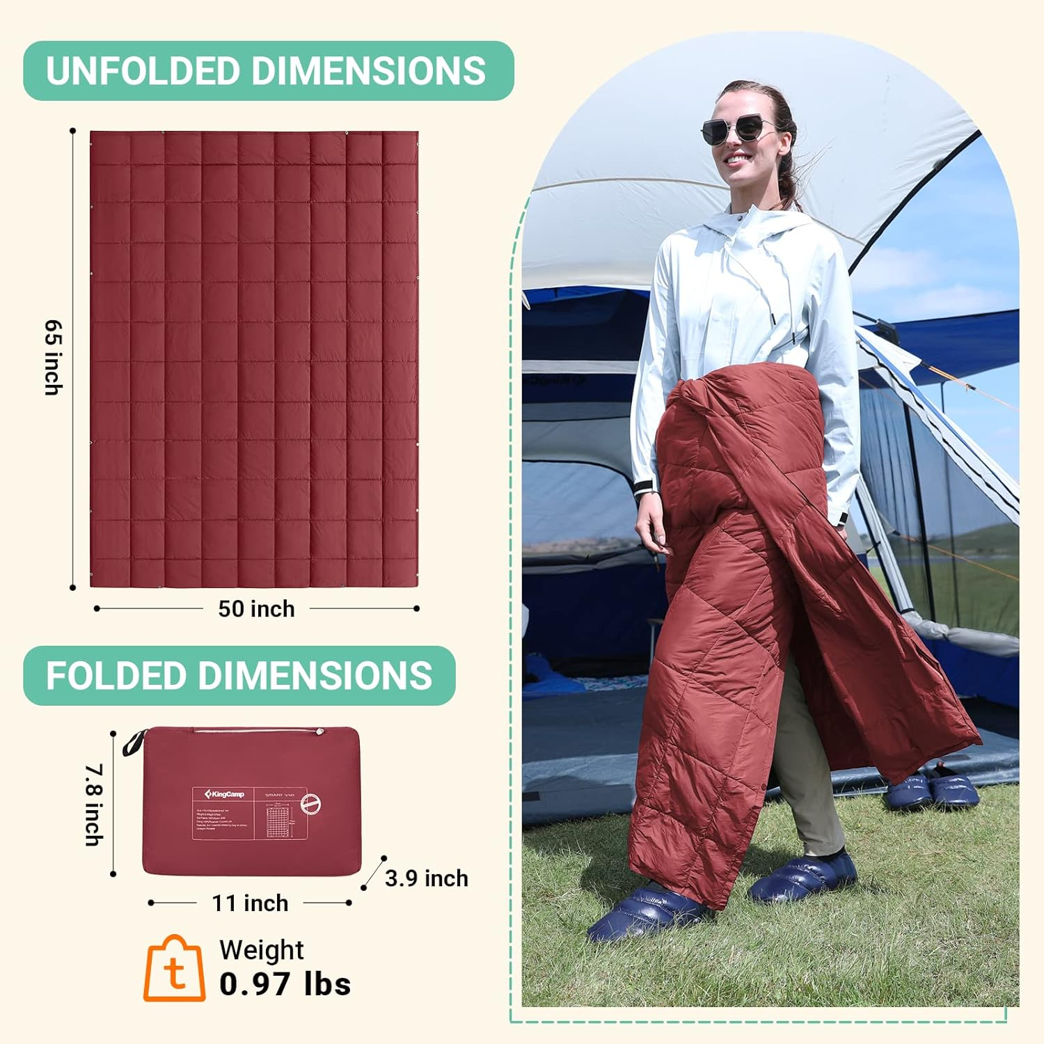 Kingcamp down Camping Blanket - Packable Lightweight Travel Blanket for Cold Weather Backpacking, Compact & Water Resistant & Warm Airplane Quilt 69X53 Red image number 5