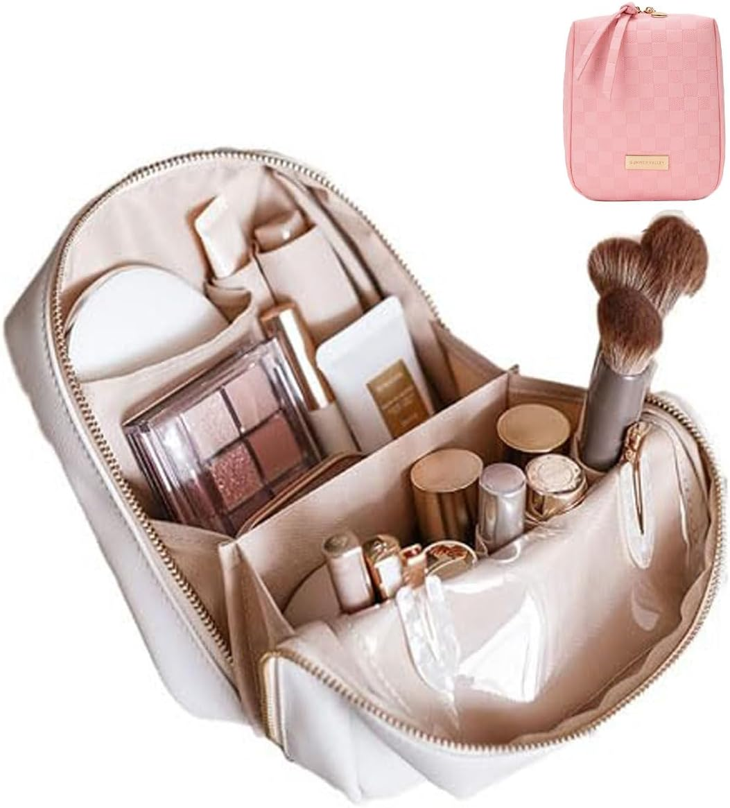 DDPOND Elegant Portable Plaid Cosmetic Bag for Women with Compartments Large Capacity Travel Makeup Bag for Purse (Pink)