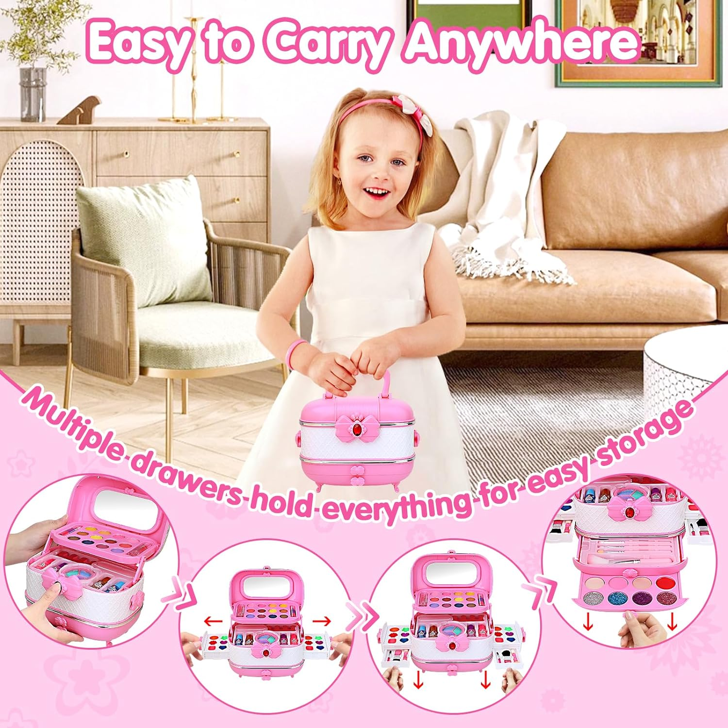 Kids Makeup Kit, Toys Kids Makeup Set for Girls, Washable Kids Make up Kit with Real Cosmetic Set Toys, Pretend Play Makeup Toys Gifts for Toddlers Kids Girls 3 4 5 6 7 8 Years Old