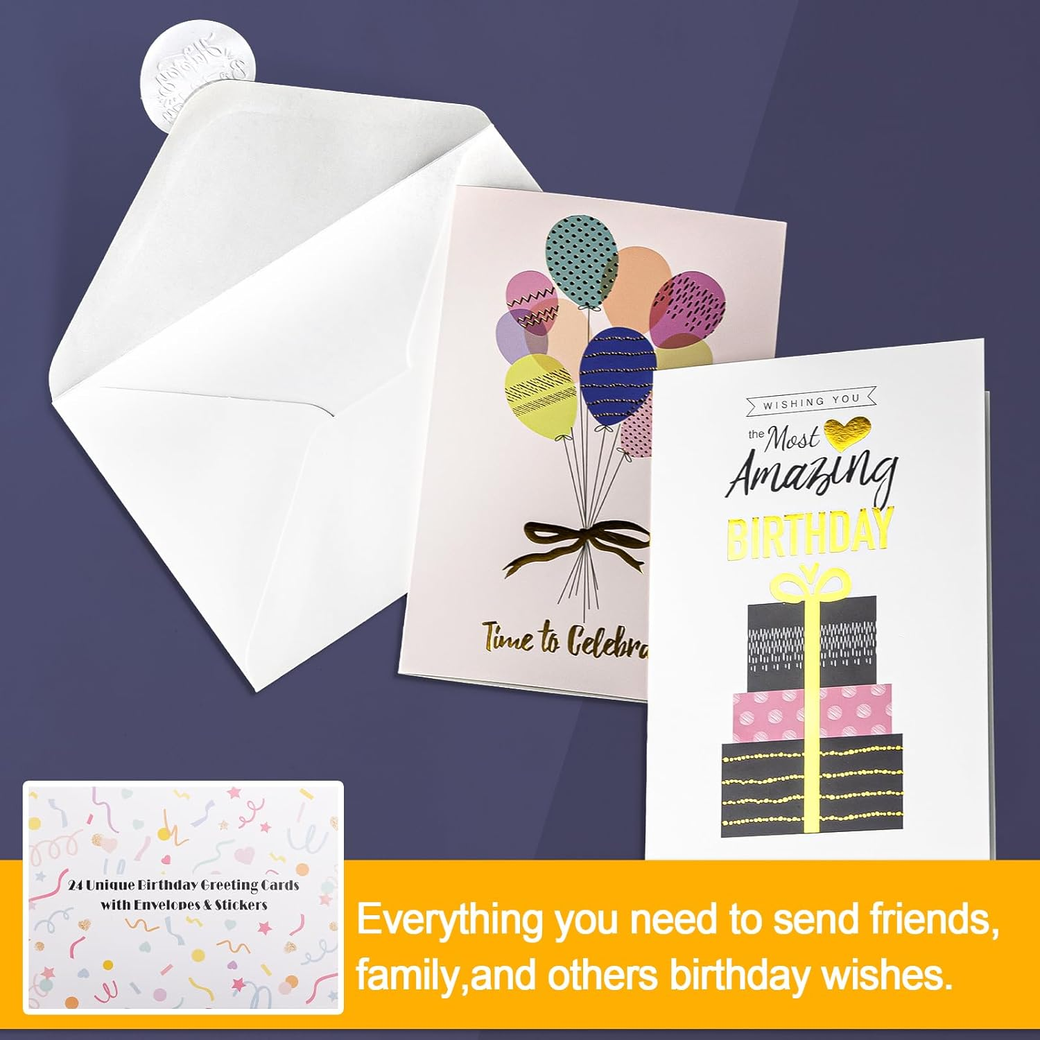 YANGDYDE BALLET 24 Pack Unique Gold Foil Birthday Cards with Stickers & Envelopes -4X6 Inches Blank Happy Birthday Cards Assortment in Bulk for Family/Kids/Friends/Work & Office Celebrations image number 3