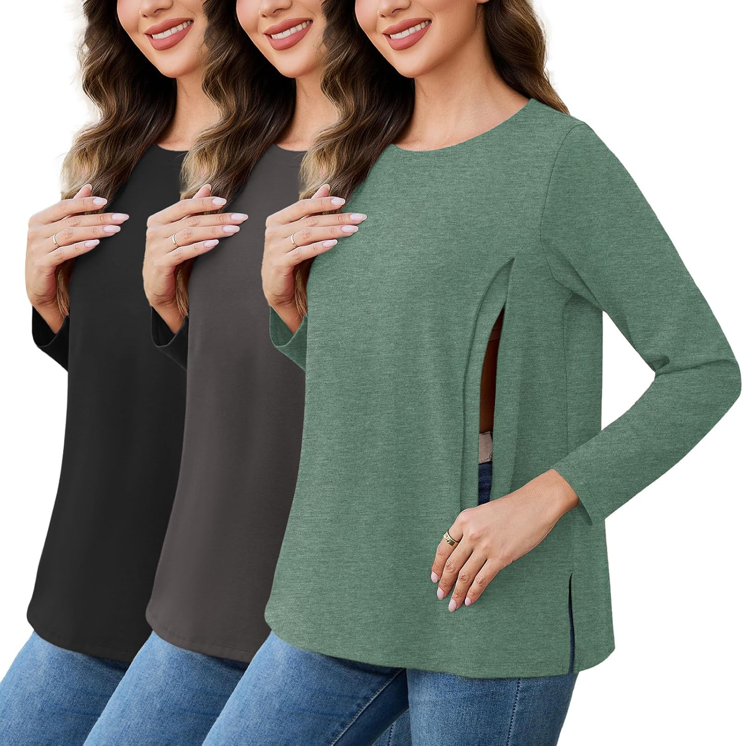 Love2Mi Pack of 3 Women'S Nursing Shirt with Zip Loose Maternity Shirt Long Sleeve Maternity Clothing Winter