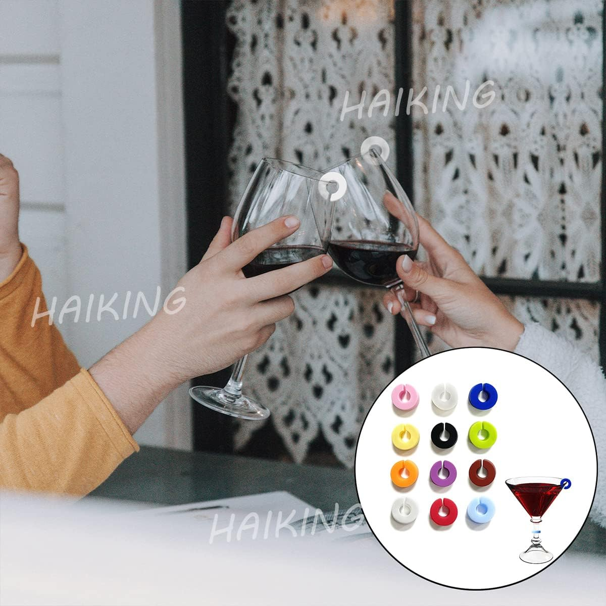 HAIKING Silicone Wine Glass Charms Markers, 12 Pieces Drink Markers for Glasses for Cocktails, Champagne, Martinis, Wine Glasses (12 Colors) image number 6