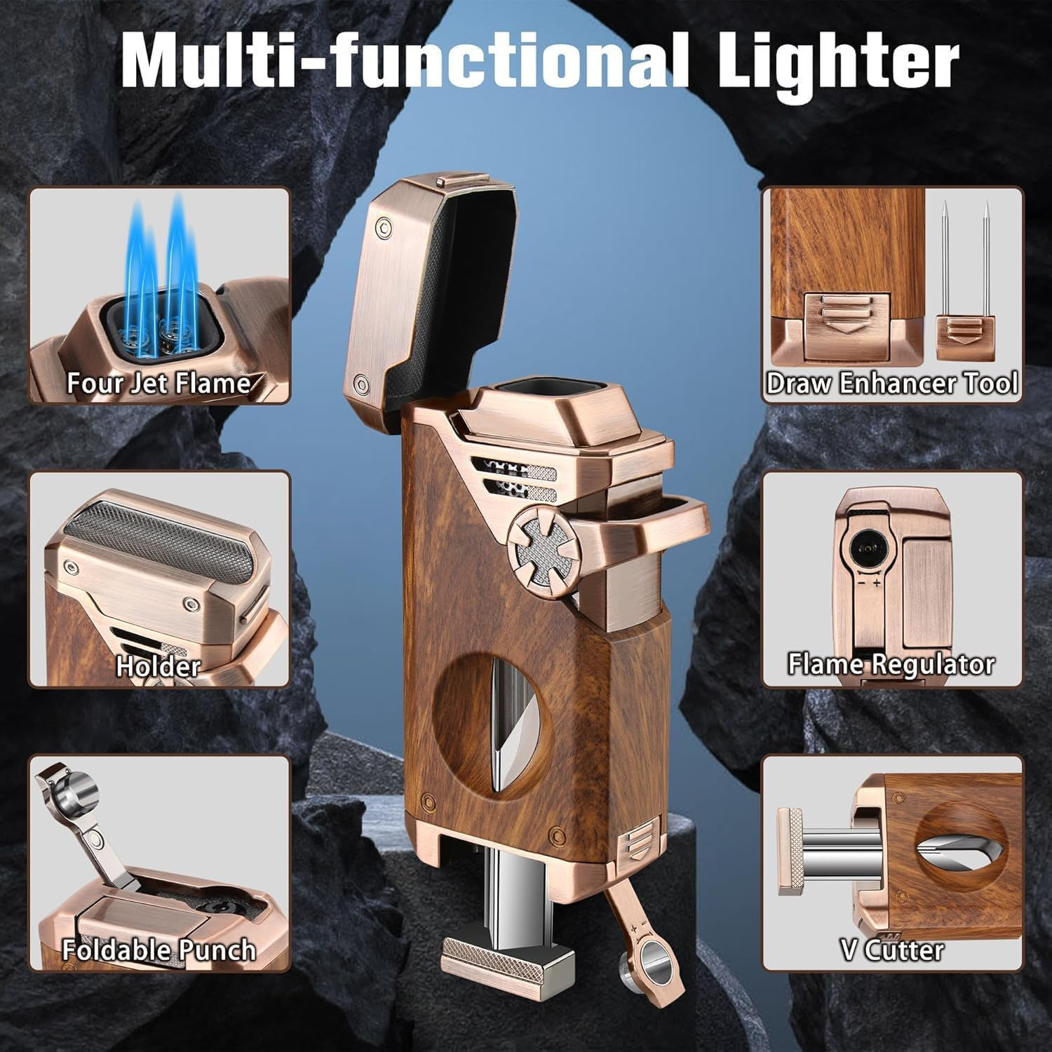 5-In-1 Torch Lighter with V Cutter, Punch, Holder, Nubber, Adjustable Windproof 4 Jet Flame, Multi-Functional Lighter Accessories,Butane Refillable Lighter for Travel, Outdoors (Brown) image number 5