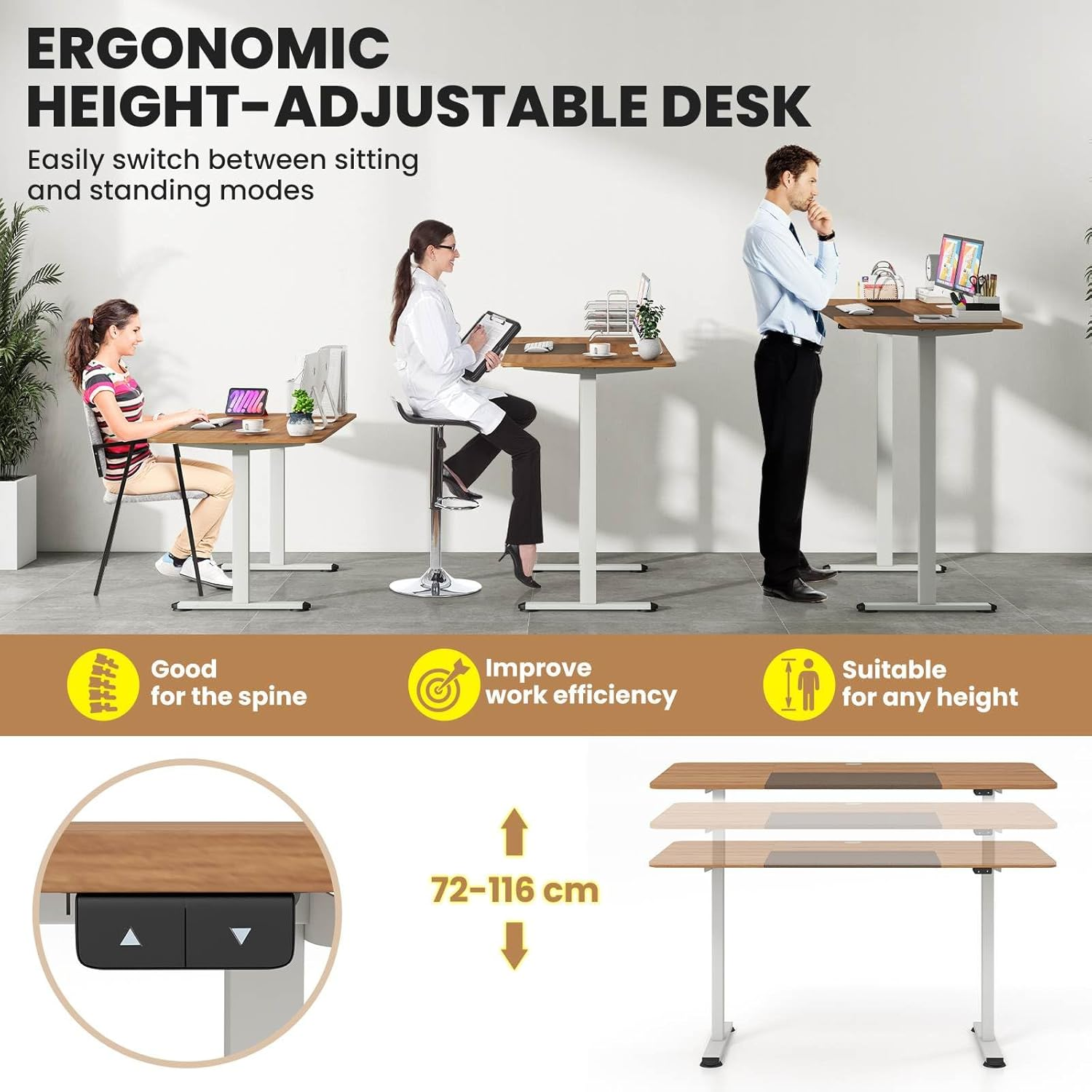 Costway 140 X 70Cm Electric Standing Desk, Height Adjustable Sit Stand Desk with Cable Management Hole, Anti-Collision Technology, Computer Workstation for Home Office (Natural) - Rustic Brown image number 4