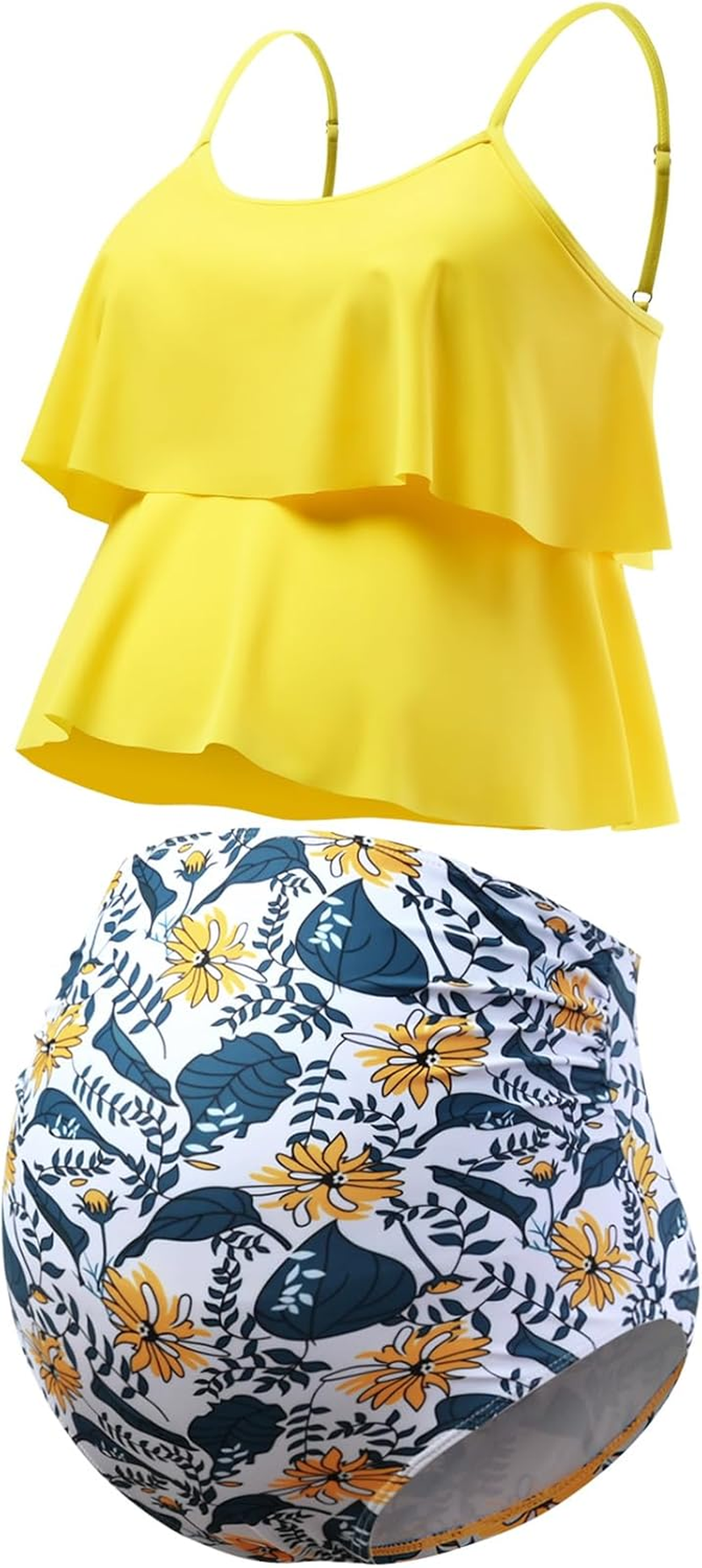 GINKANA Womens Maternity Tankini Swimsuits 2 Piece Maternity Swimwear Bathing Suit Double Ruffle Hem Pregnancy Swimming Suits