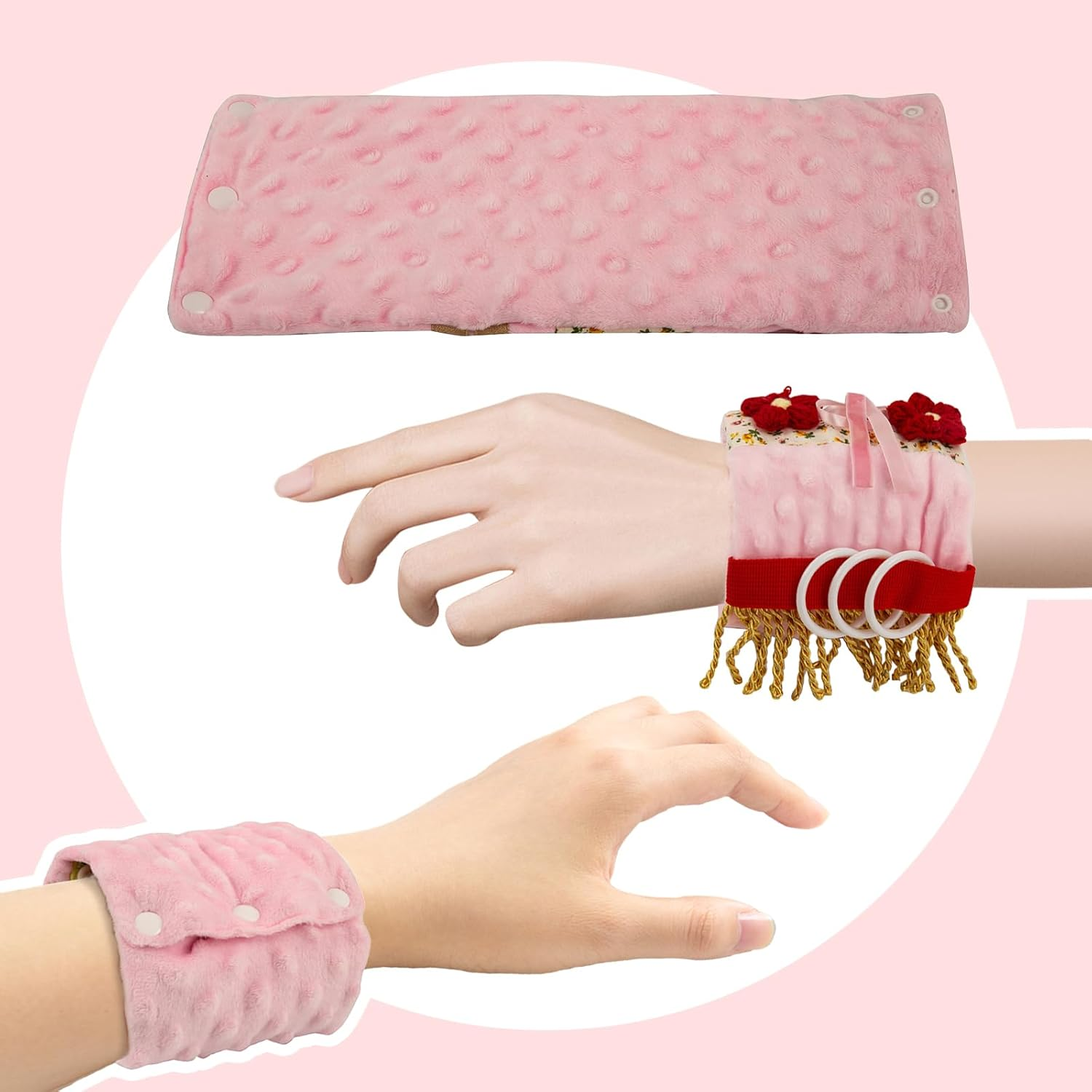 AGDGV Fidget Blanket for Alzheimer'S & Dementia Patients - Sensory Therapy Anxiety Relief Gifts for Seniors, Elderly Adults with Calming Textures, Pink Wrist Cuff Attachment, Dementia Activities Tools image number 1