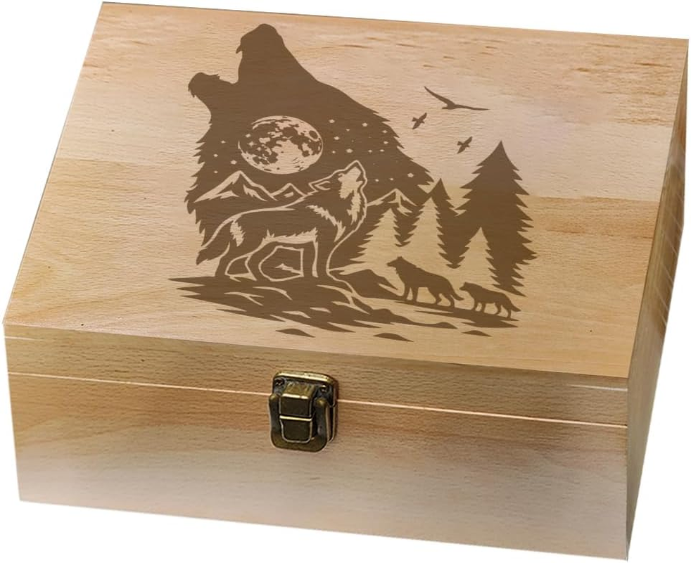 Arricraft 1 Pc Wooden Memory Keepsake Box, Wolf Howling Moon Pine Forest Flying Birds Pattern Storage Decorative Memory Wooden Box with Hinge Lids for Photos Dvds Letters Holding 24.5X19.5X10.3Cm image number 5