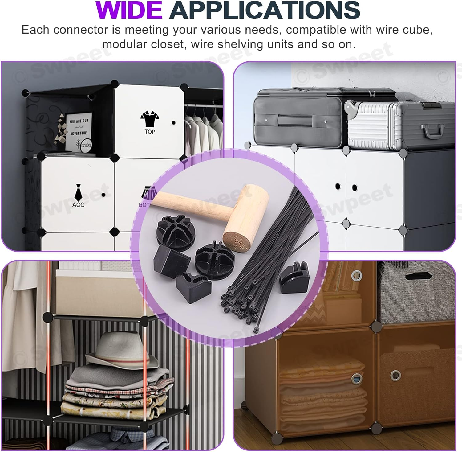 Swpeet 91Pcs 2 Styles Black Cube Plastic Connector with Cable Ties and Wooden Mallet Assortment Kit, Cube round and Right Angle Organizer Connector Wire Grid Heavy Duty Zip Ties for Shelving image number 1