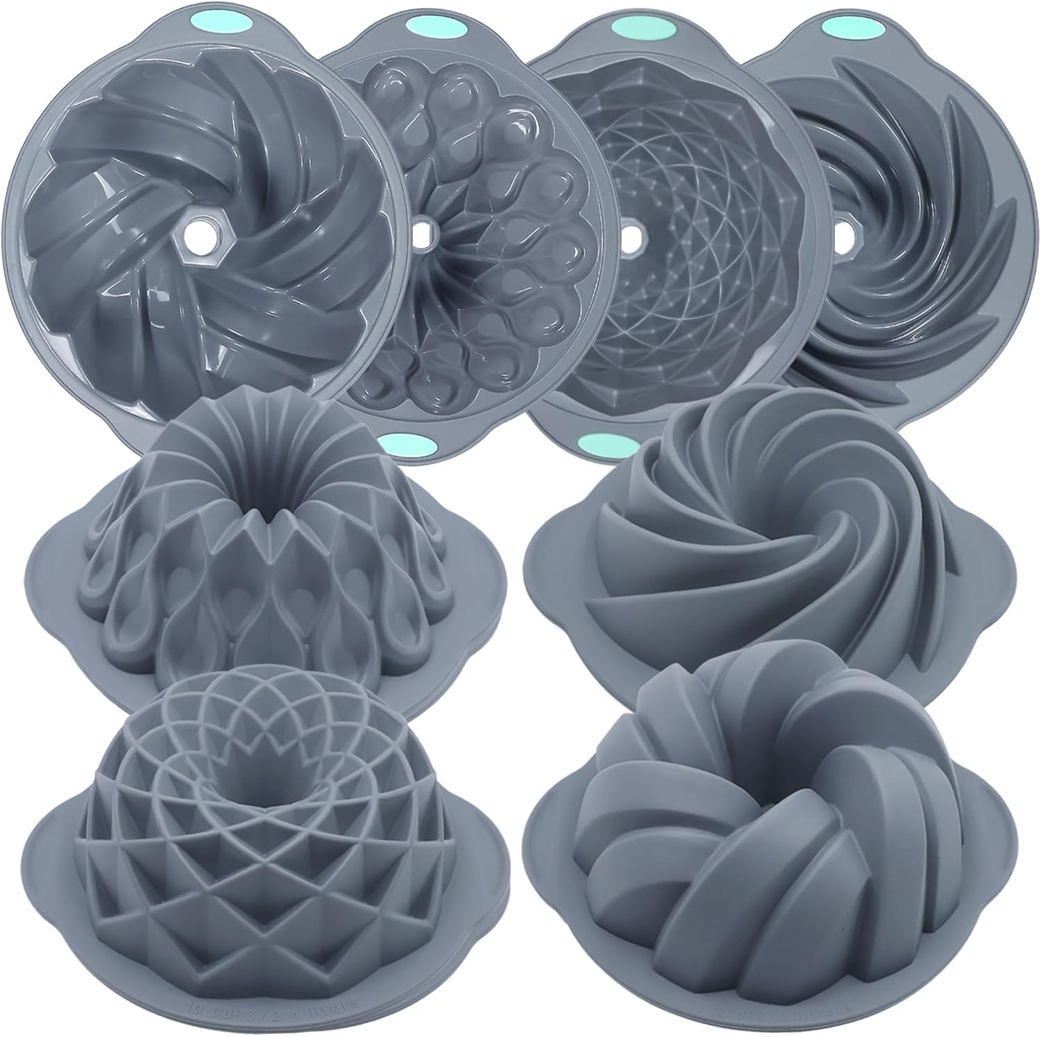 Tongjude 4 Pieces Silicone Fluted Cake Pans, 10/12 Cups Tube Baking Pan, Silicone Molds for Homemade Cake, Bread and Jello, Non-Stick, Grey image number 2