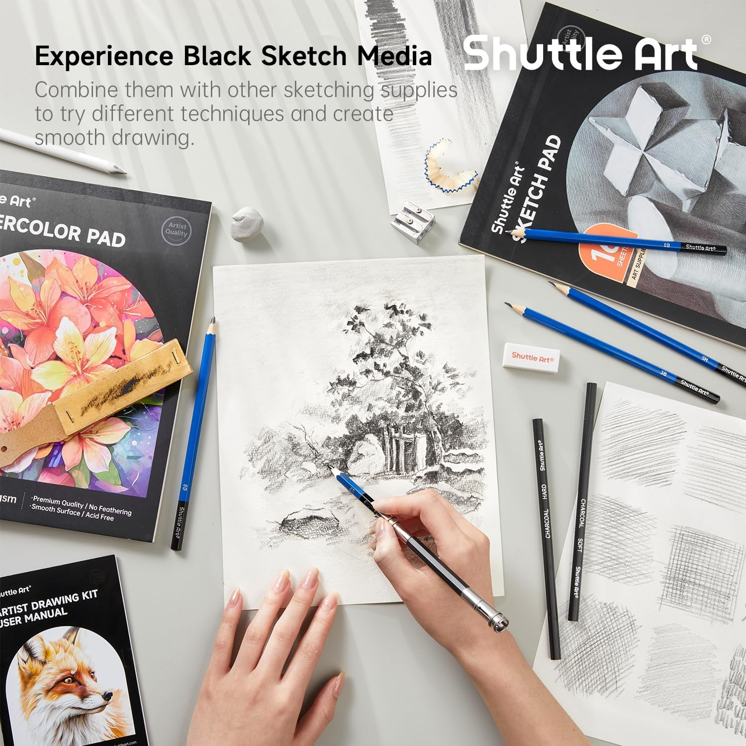 Shuttle Art Sketching and Drawing Pencils Set, 116 Pack Sketch Art Pencil Set with 4 Drawing Pads, Graphite Pencils in Zipper Case, Colouring Pencils for Artist Sketching, Art Set for Adults, Beginner image number 2