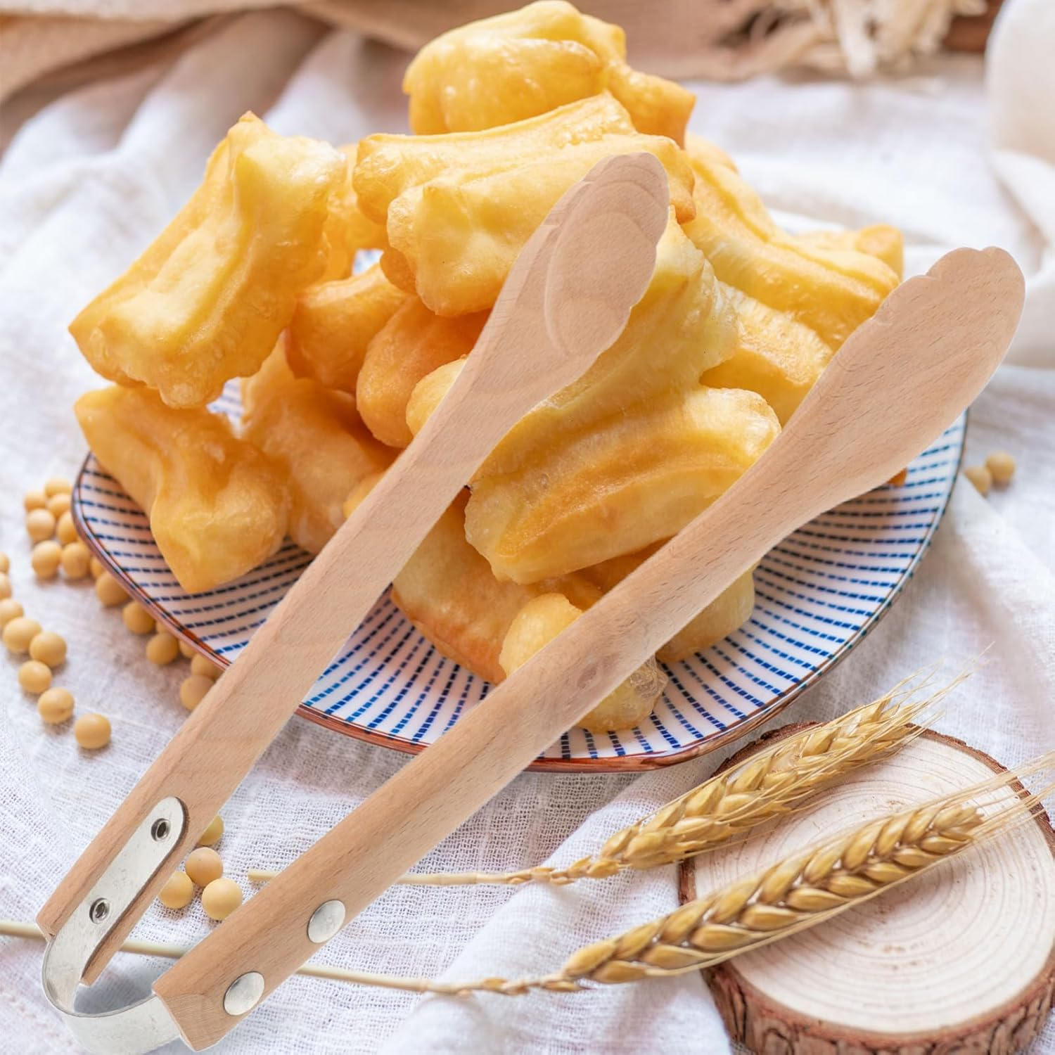 SOLUSTRE Cooking Tongs Natural Wood Heat-Resistant Food Serving Tongs for Kitchen Grilling Accessories image number 6