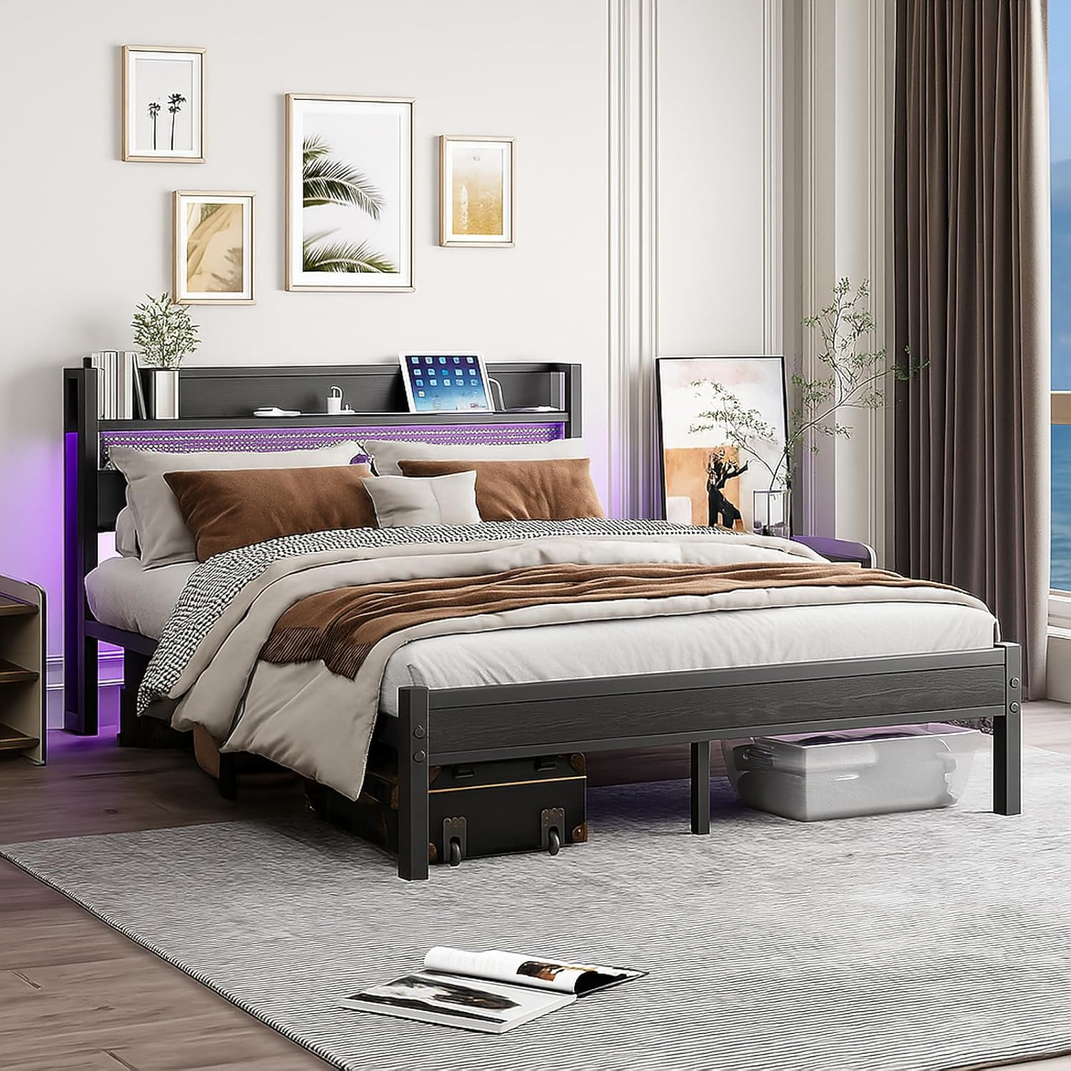 Queen Size Bed Frame with Charging Station, Metal Platform Bed with Storage Headboard Heavy Duty,Noise-Free Mattress Foundation, No Box Spring Needed image number 4