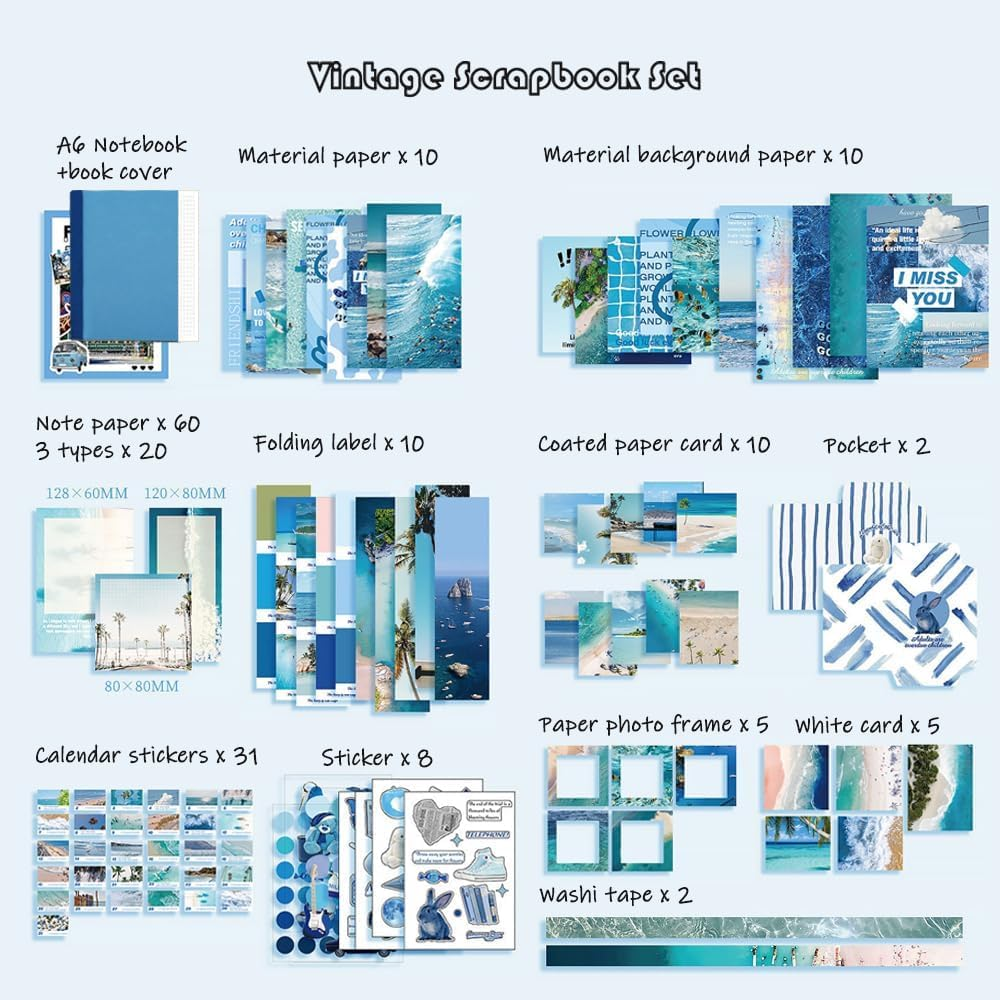 Scrapbook Kit with Scrapbooking Supplies Stickers, Aesthetic Scrapbook Paper, Washi Stickers, Tape, A6 Notebook Art Journaling Kit for Junk Journal DIY for Adults Teens (Sea) image number 5
