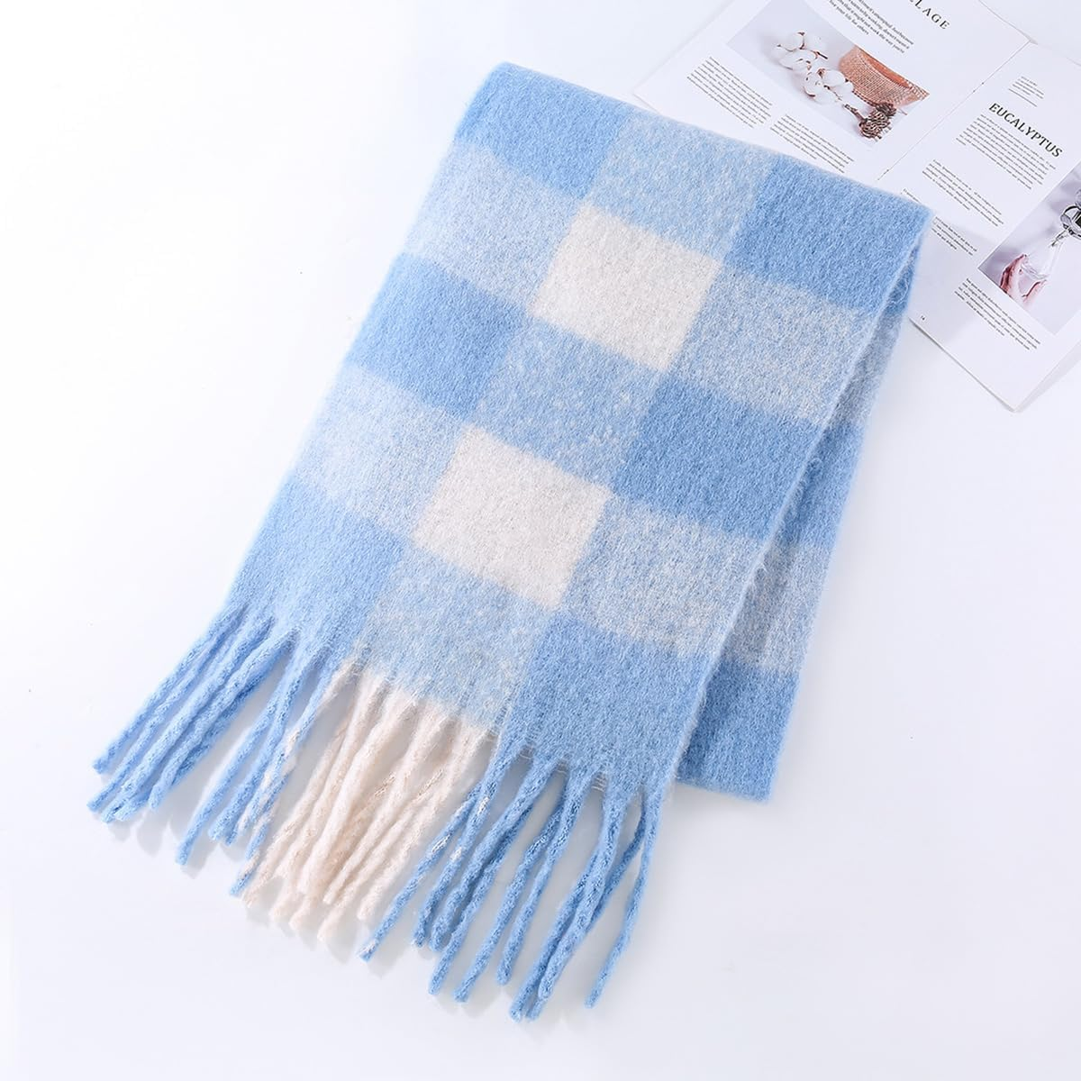 Youcoscos Winter Scarf for Women Oversized Chunky Plaid Scarves Large Plaid Thick Soft Warm Blanket Scarfs Tassel Shawl - Beige image number 2