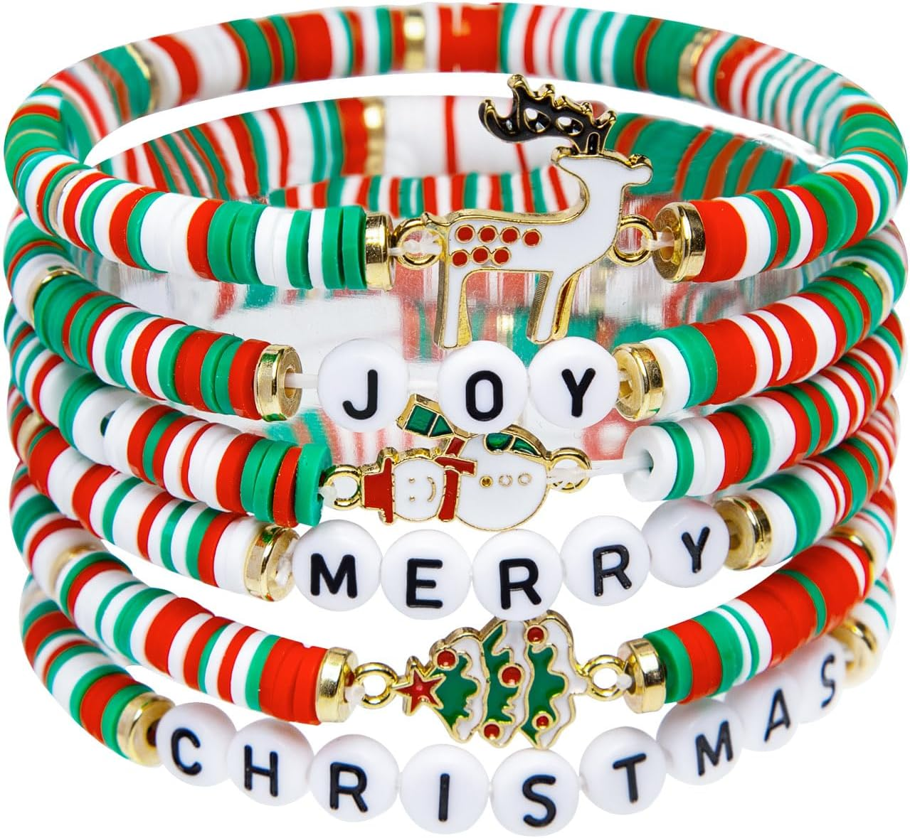 Artlunar 6 Pack Christmas Bracelets: Joy & Merry Candy-Style Stacks for Women & Teens - Perfect Christmas Gifts - Age 3 to Adult, 6 Pack, Bead, Bead image number 4