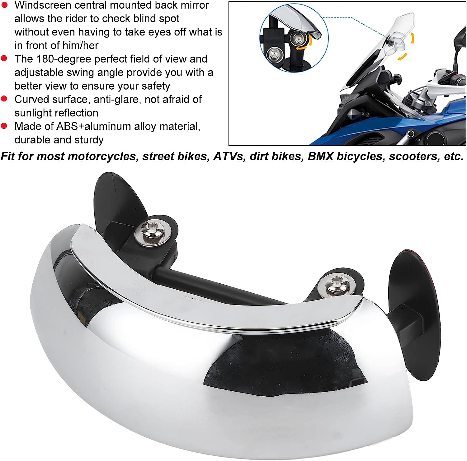 Joyzan Motorcycle Rearview Mirrors 180 Degree, Motorbike Chromed Safety Ultra Wide Angle Mirror Adjustable Universal Mounted on Central Windscreen Blind Spot Eliminating for ATV Electric Scooters image number 1